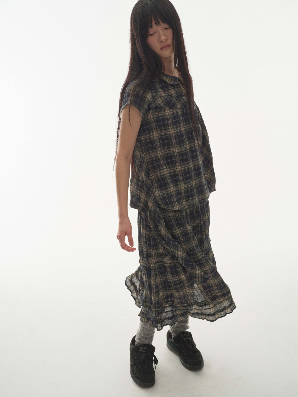 ✪【𝘱𝘳𝘦-𝘰𝘳𝘥𝘦𝘳】coyseio shirring midi skirt (check)