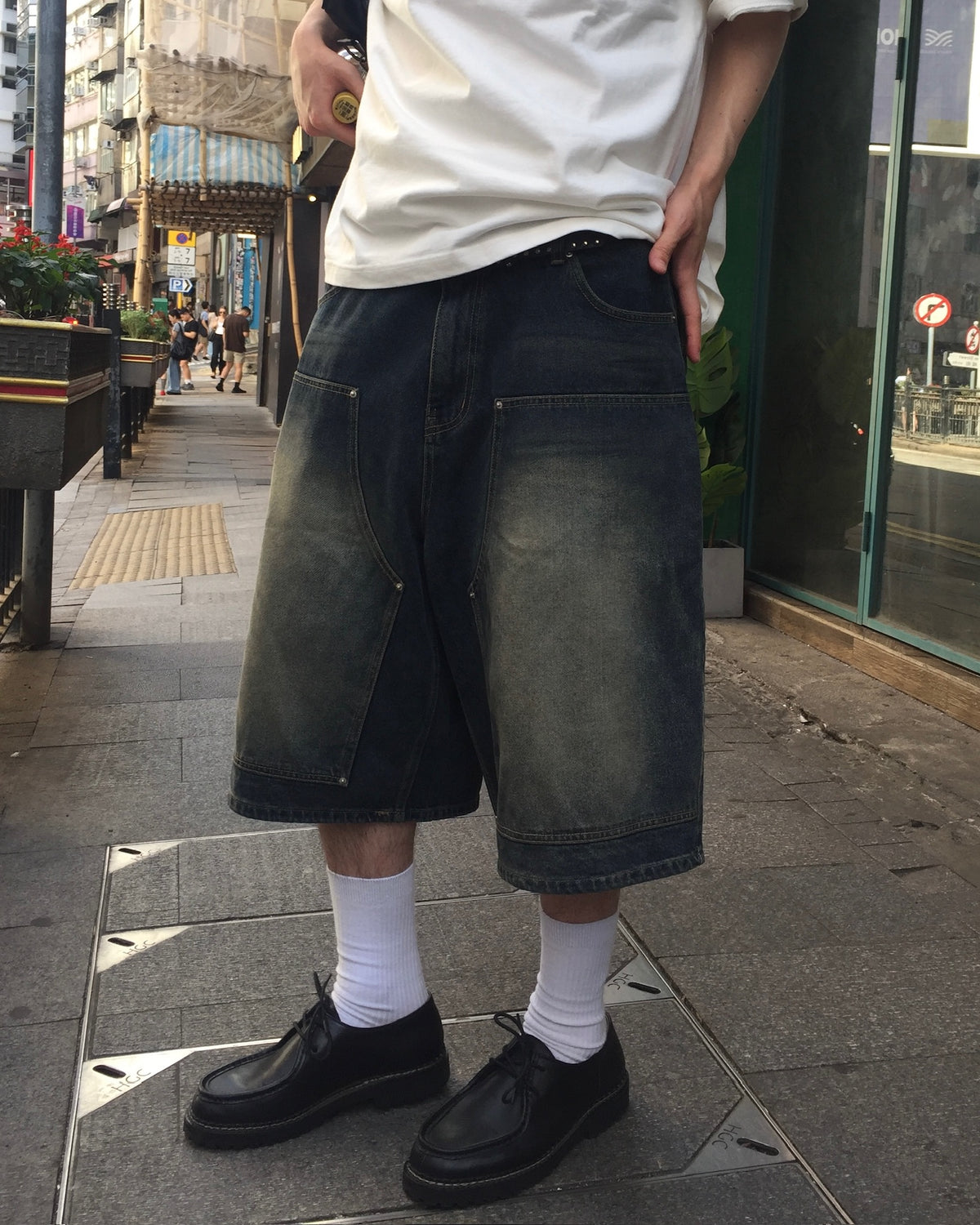 layer washed bermuda jeans (blue)