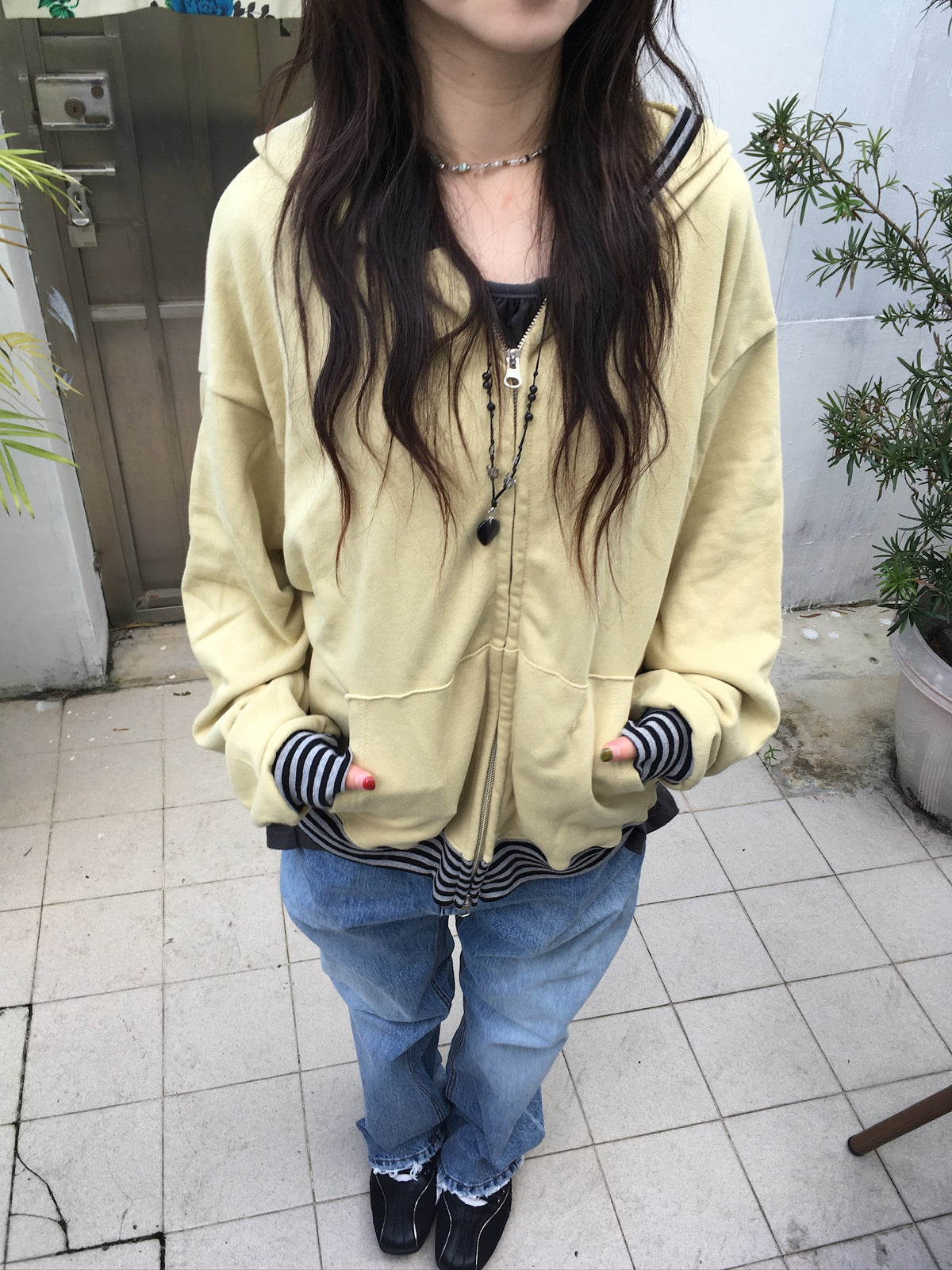 stripe trim hoodie zip up (yellow)