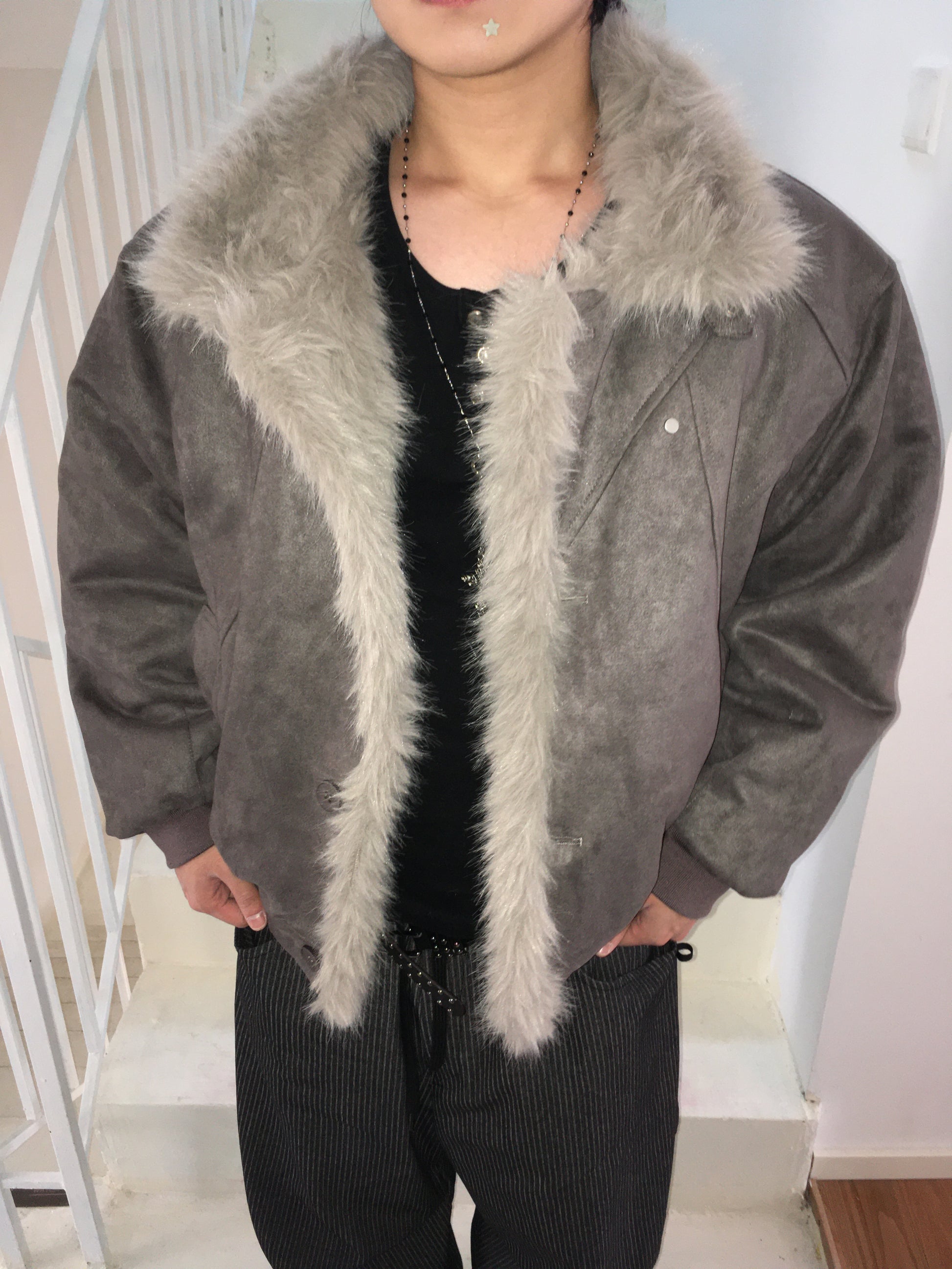 fur collar jacket (charcoal)