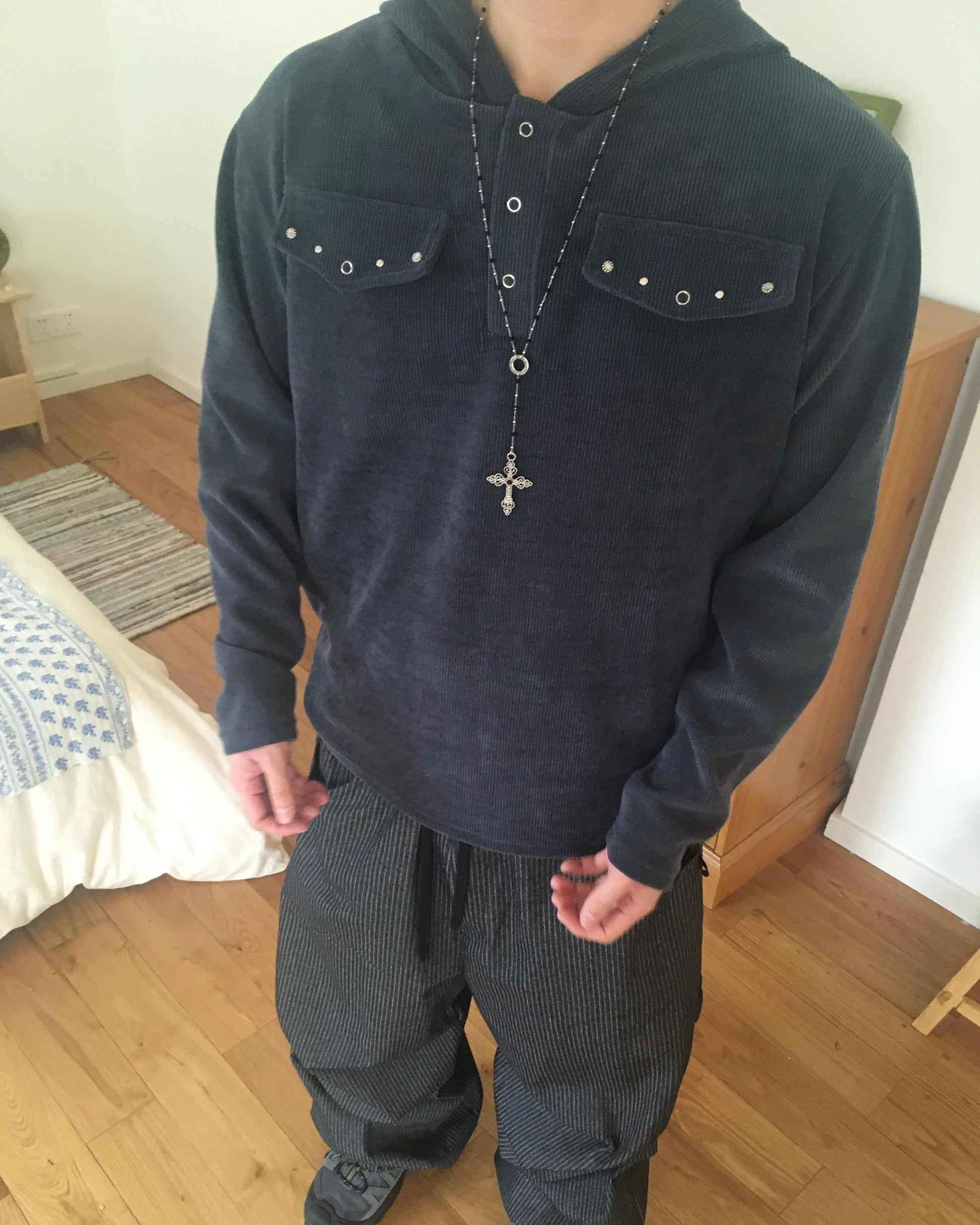 rivet collar hooded shirt (navy)