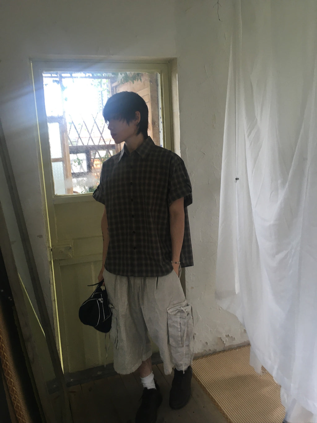 drawstring half cargo pants (beige)