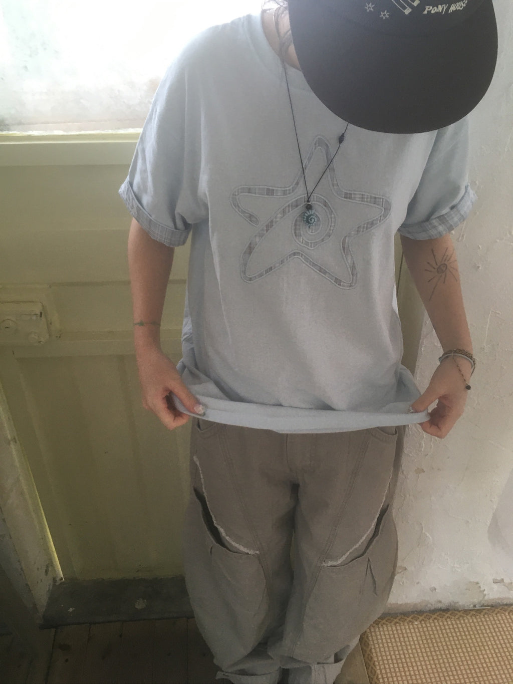 (★BEST) check star roll-up tee (sky blue)