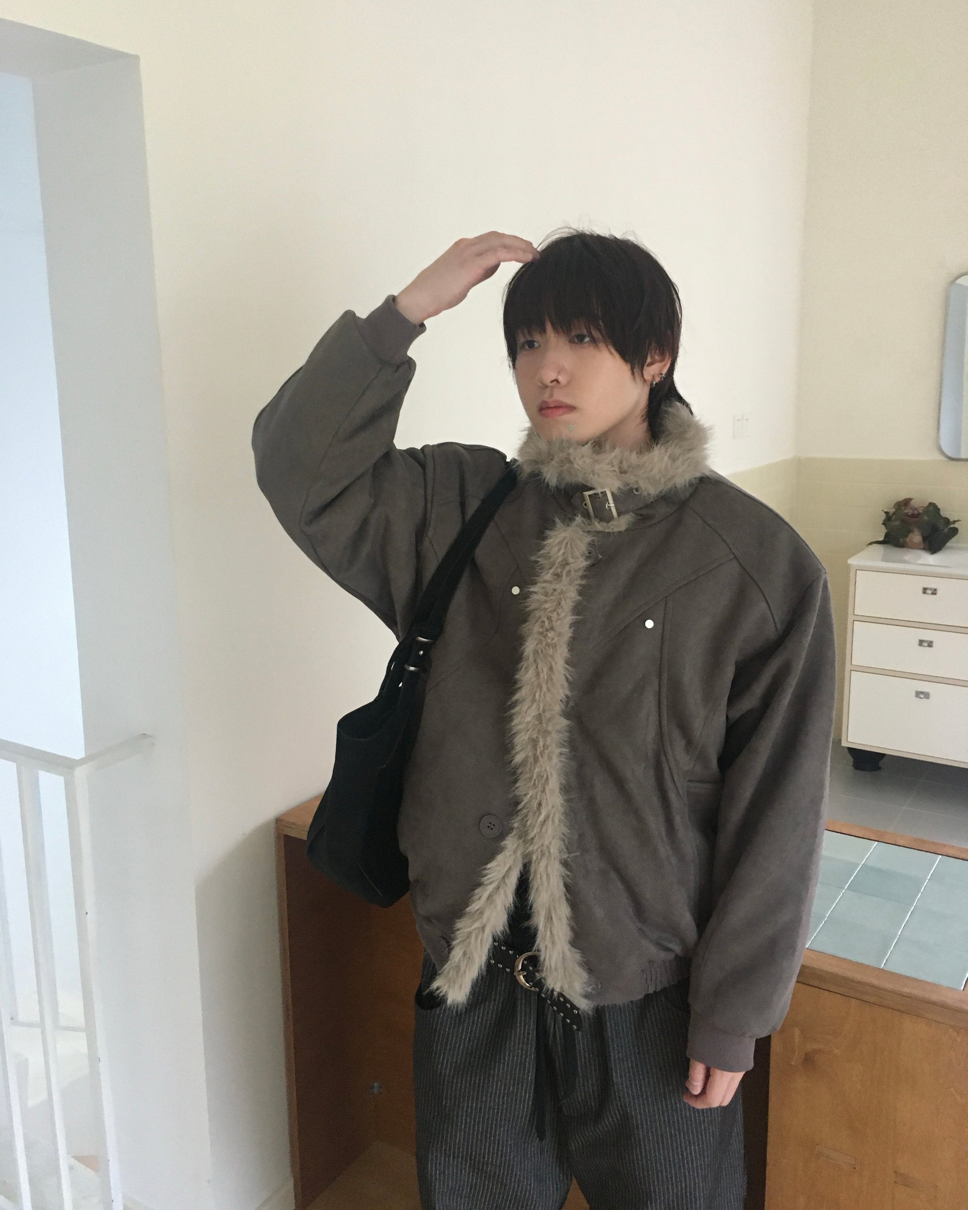 fur collar jacket (charcoal)