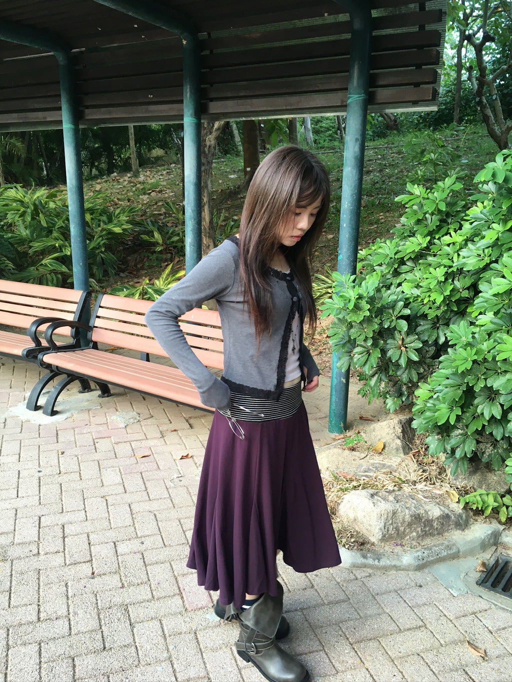 stripe waist flowy midi skirt (purple)