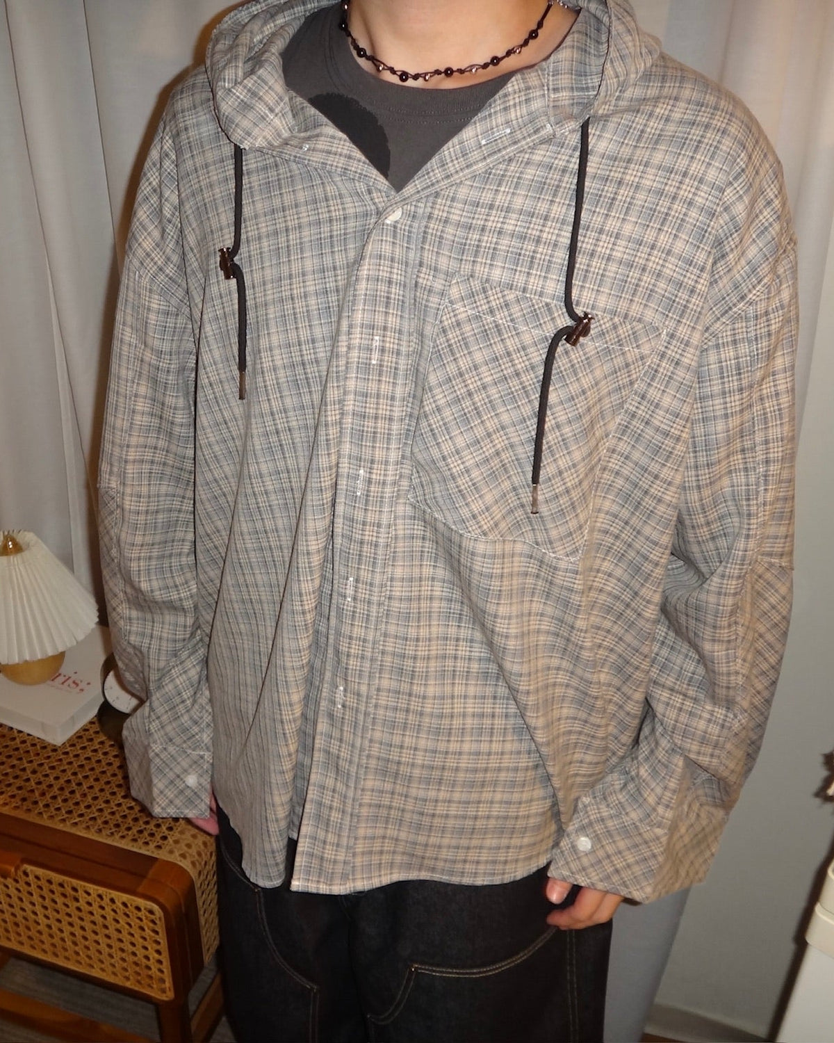 string checked hoodie shirt