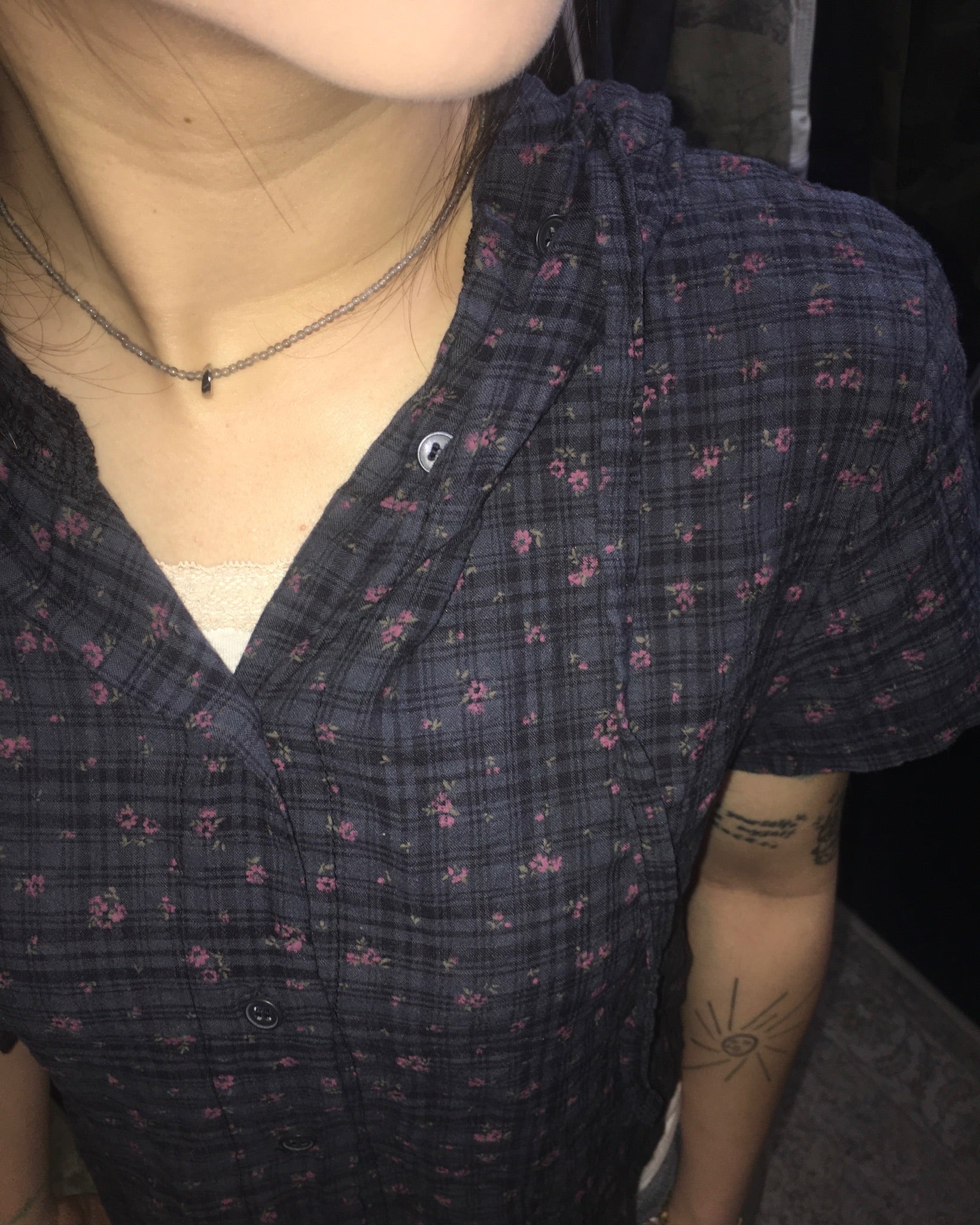 floral checked hood shirt (navy)
