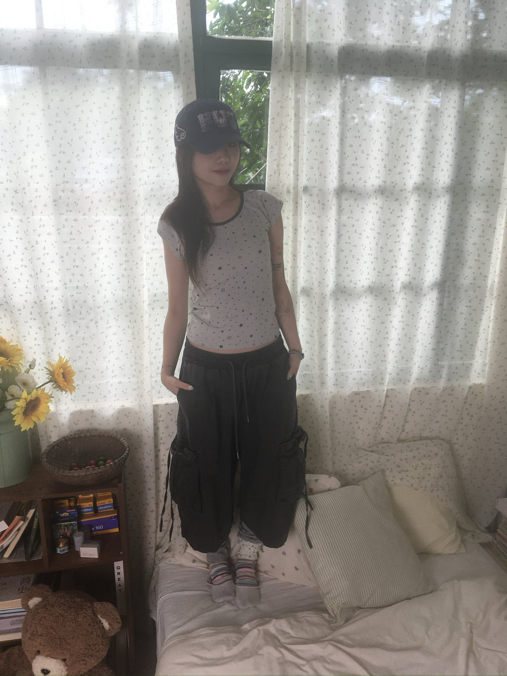 drawstring half cargo pants (charcoal)