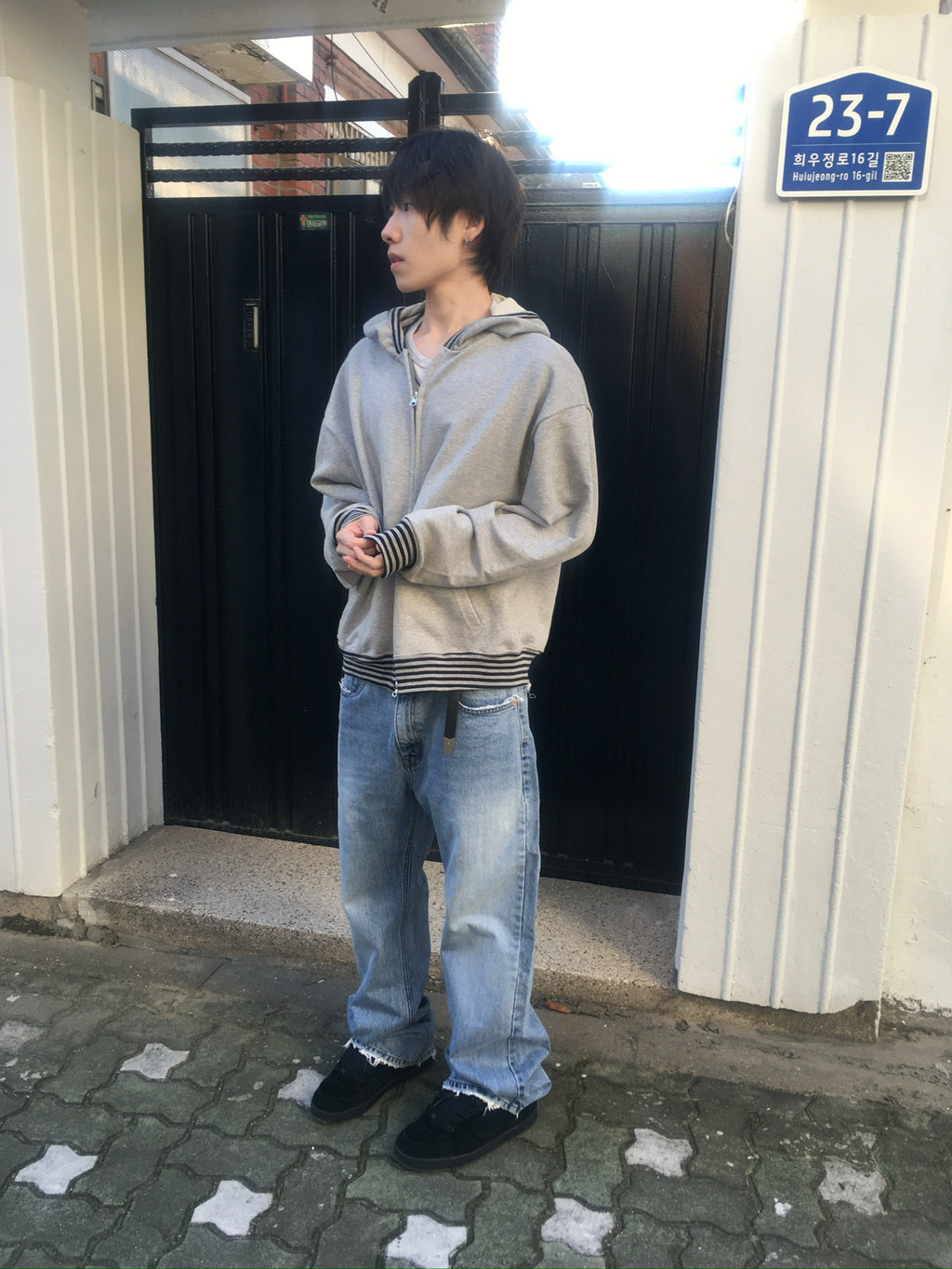 stripe trim hoodie zip up (grey)