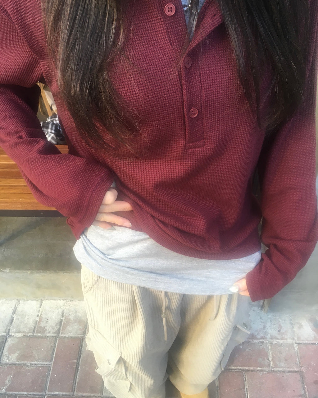 waffle henly neck shirt (wine)