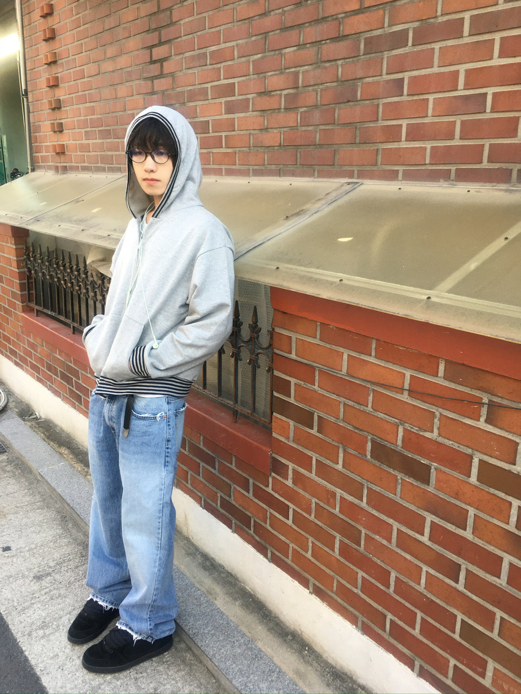 stripe trim hoodie zip up (grey)