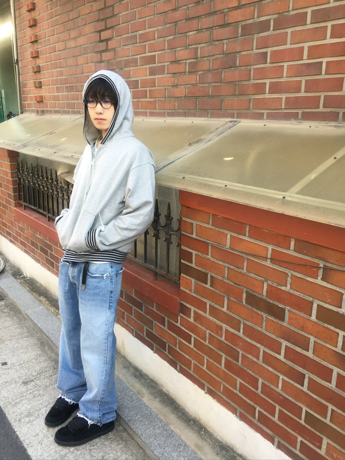 stripe trim hoodie zip up (grey)