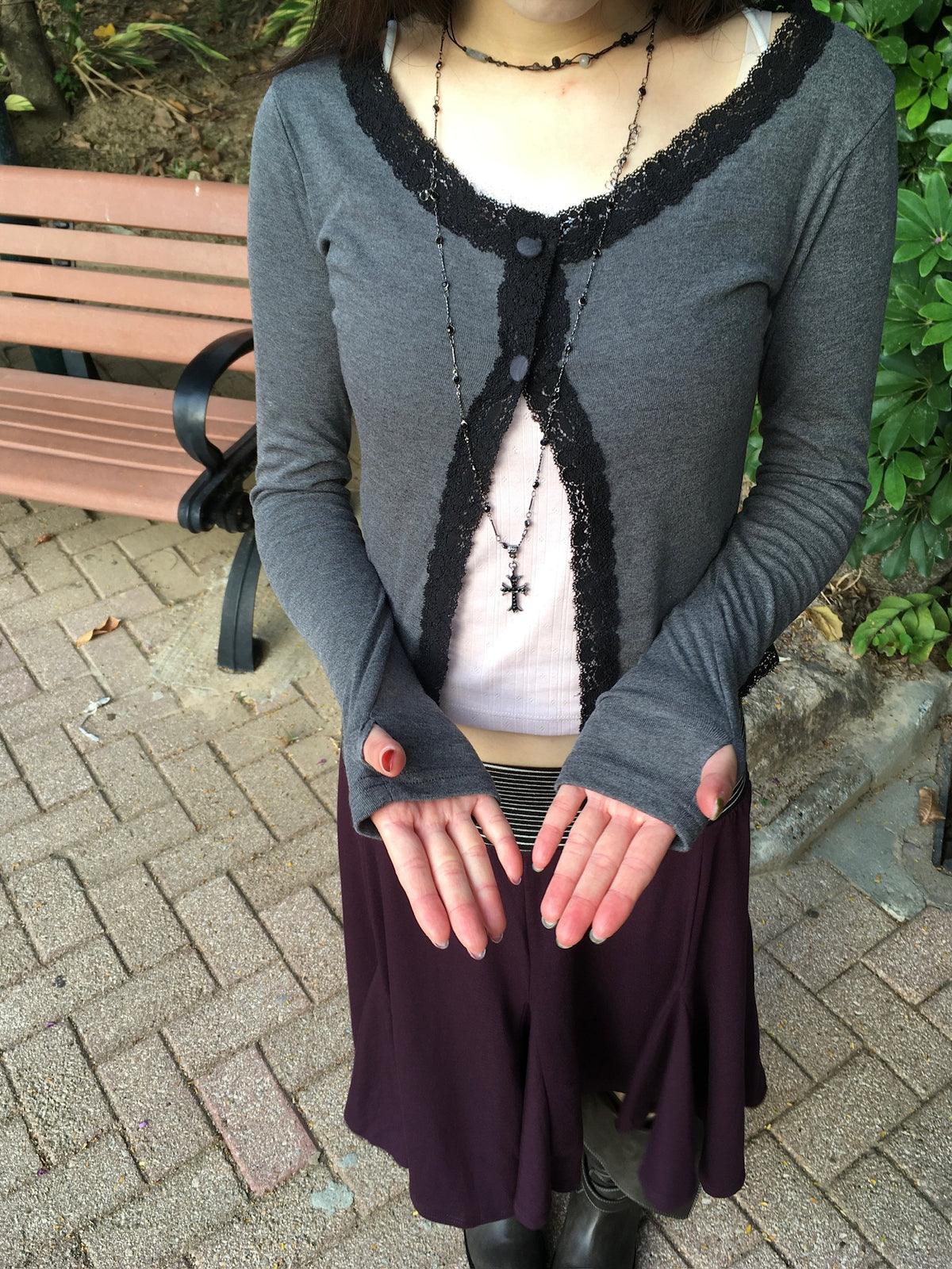 lace trim button cardigan (charcoal)