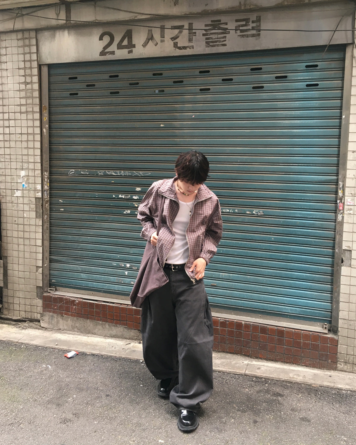 checked zipper jacket (sky/brown)