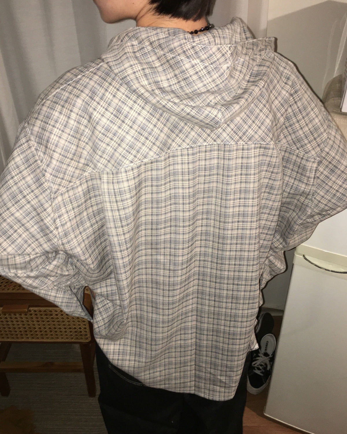 string checked hoodie shirt