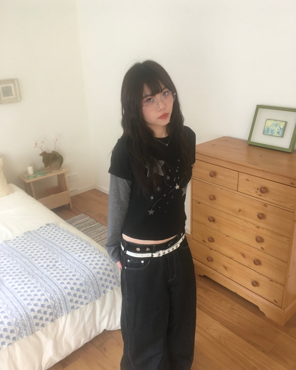 (★BEST) star stripe layered tee (black)
