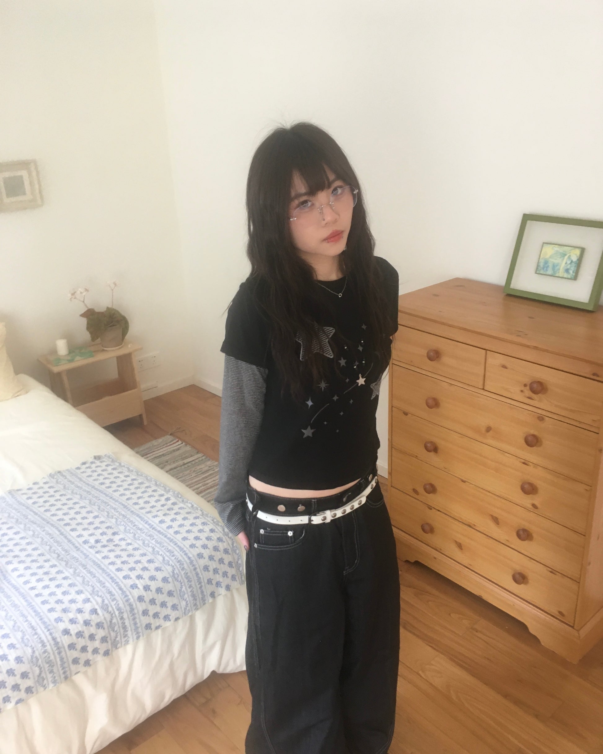 (★BEST) star stripe layered tee (black)