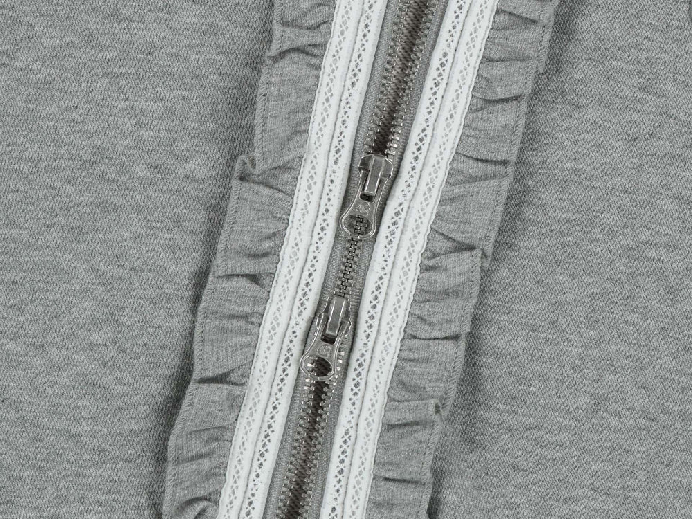 ✪【𝘱𝘳𝘦-𝘰𝘳𝘥𝘦𝘳】coyseio ruffle lace hood zip-up melange (grey)