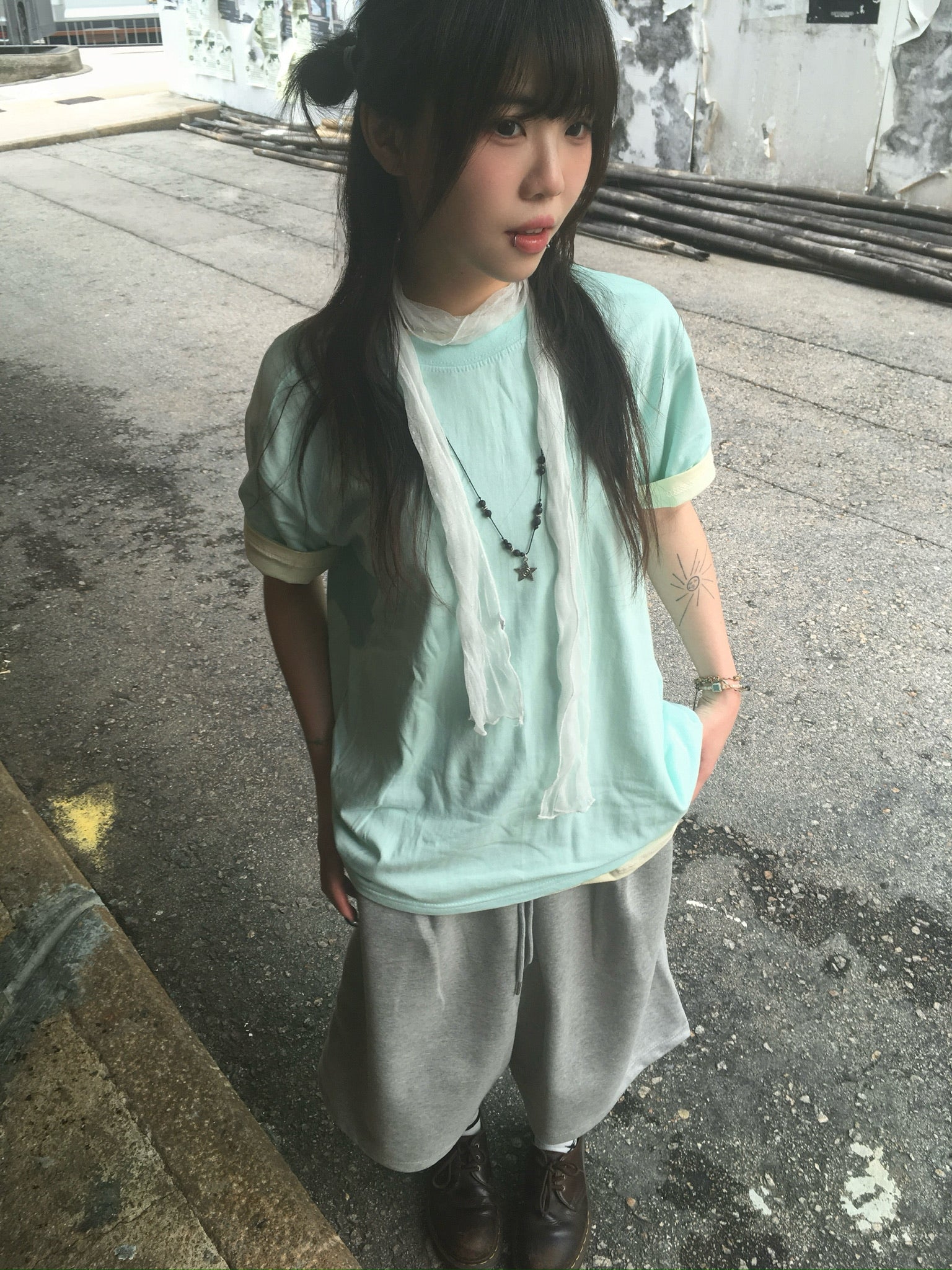(★1+1) layered crop tee (mint+lemon)