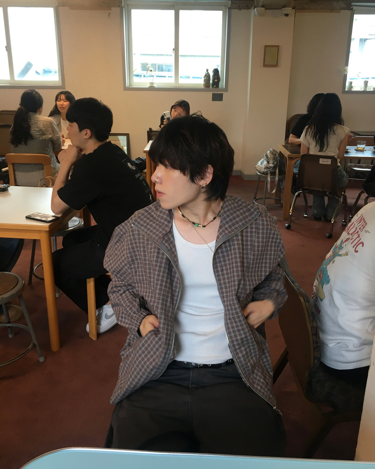 checked zipper jacket (sky/brown)