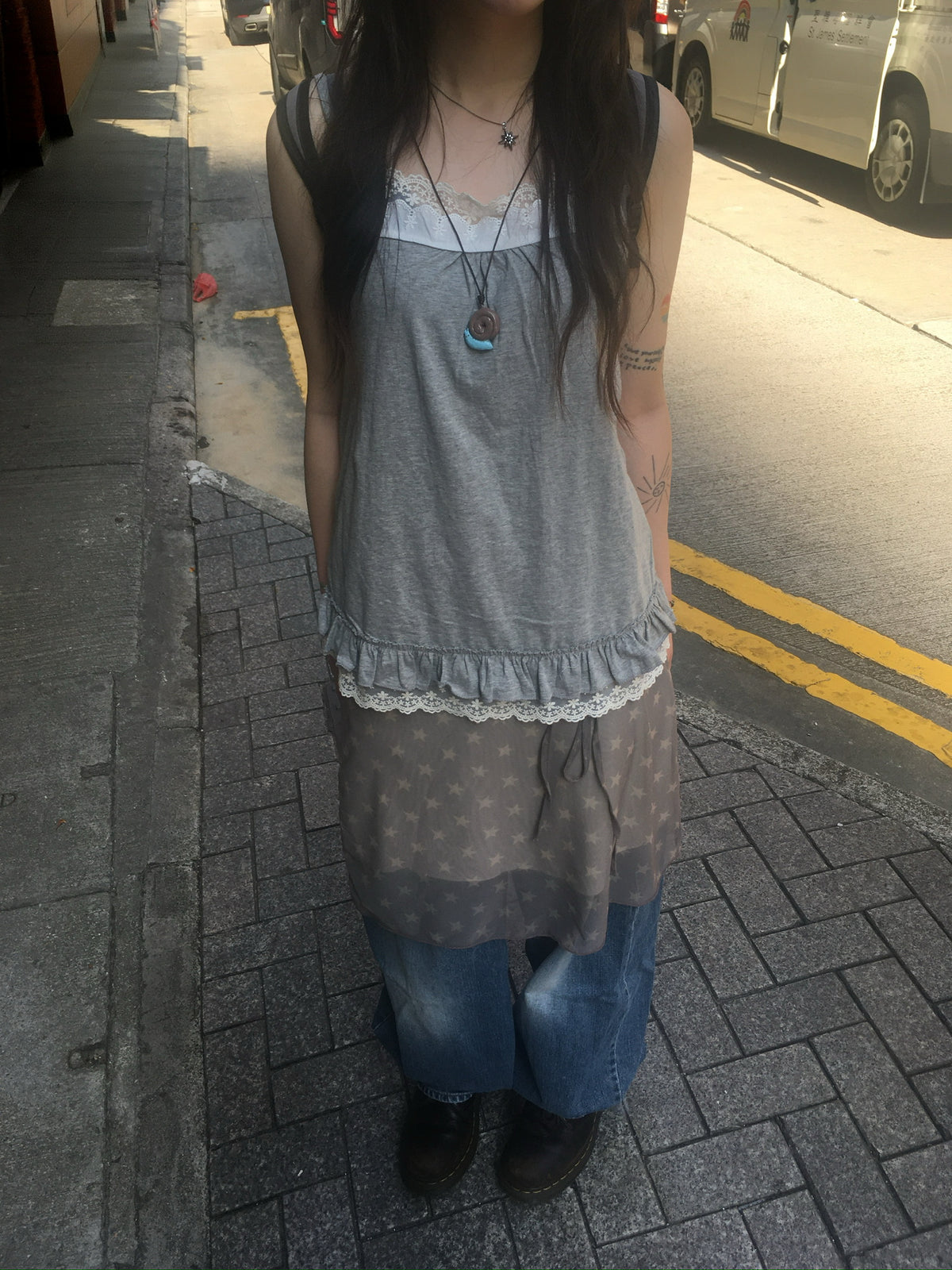 lace trim layer ruffle top (grey)