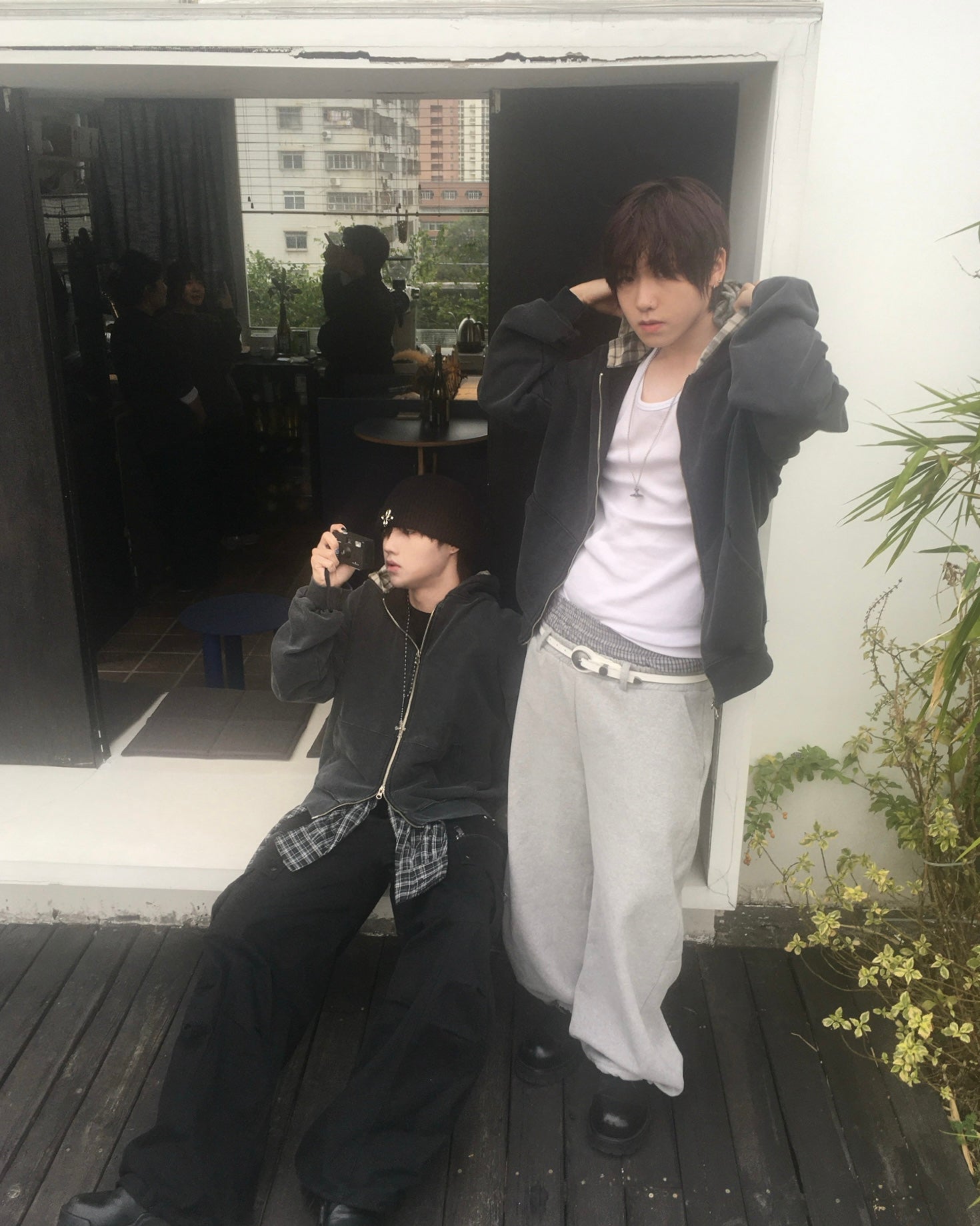 layered check zip-up hoodie