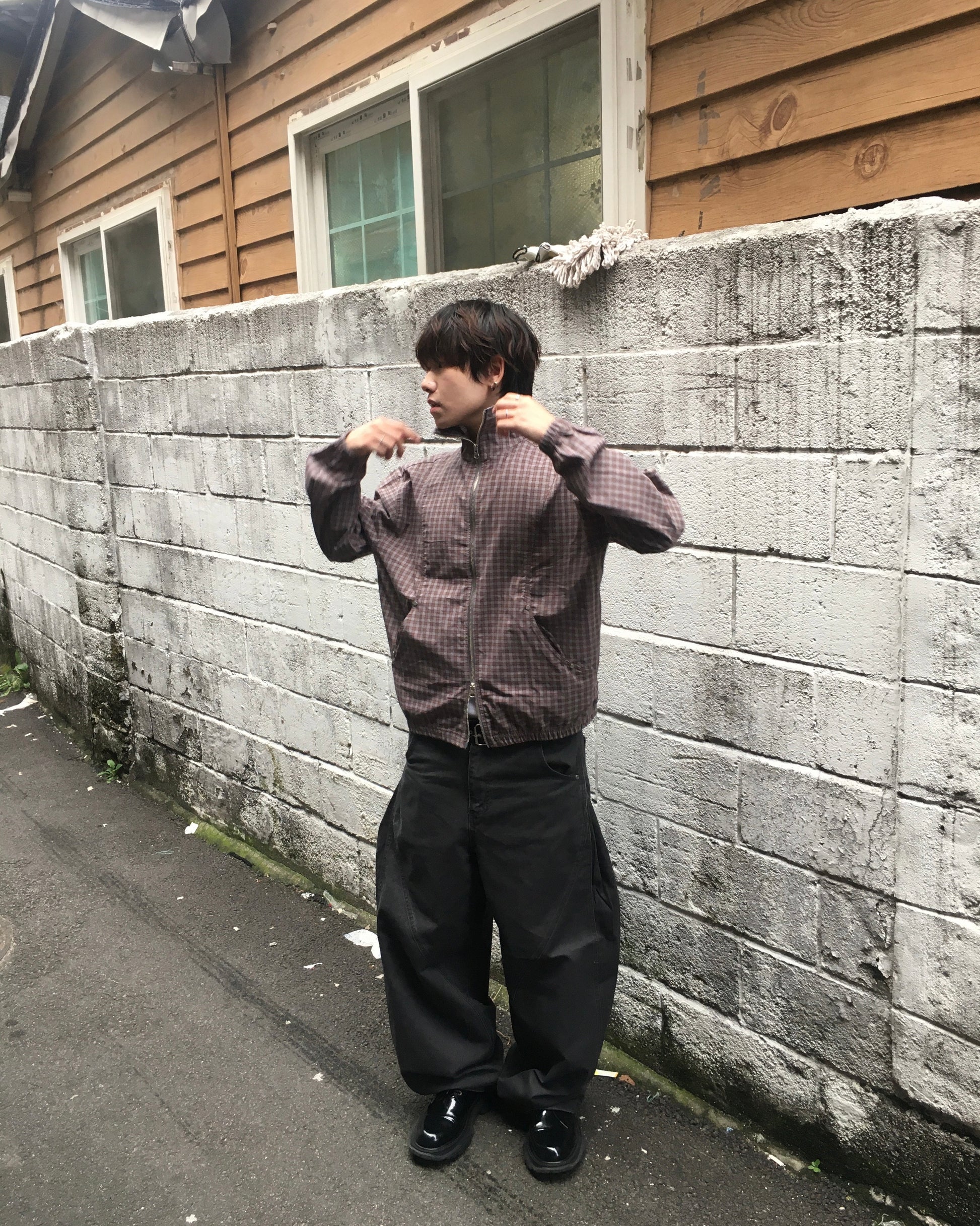 checked zipper jacket (sky/brown)