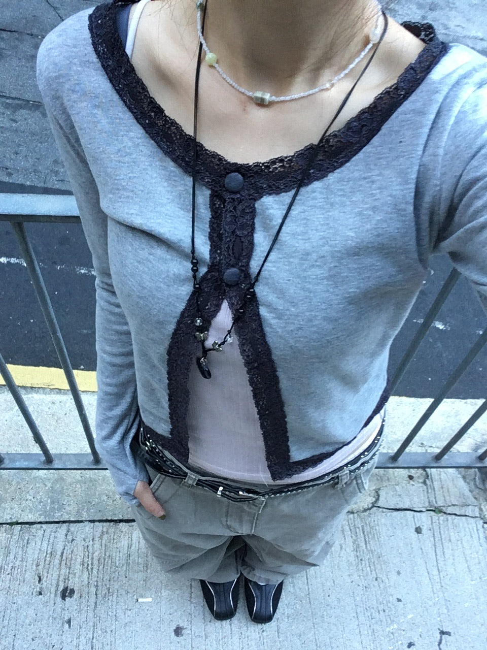 lace trim button cardigan (grey)