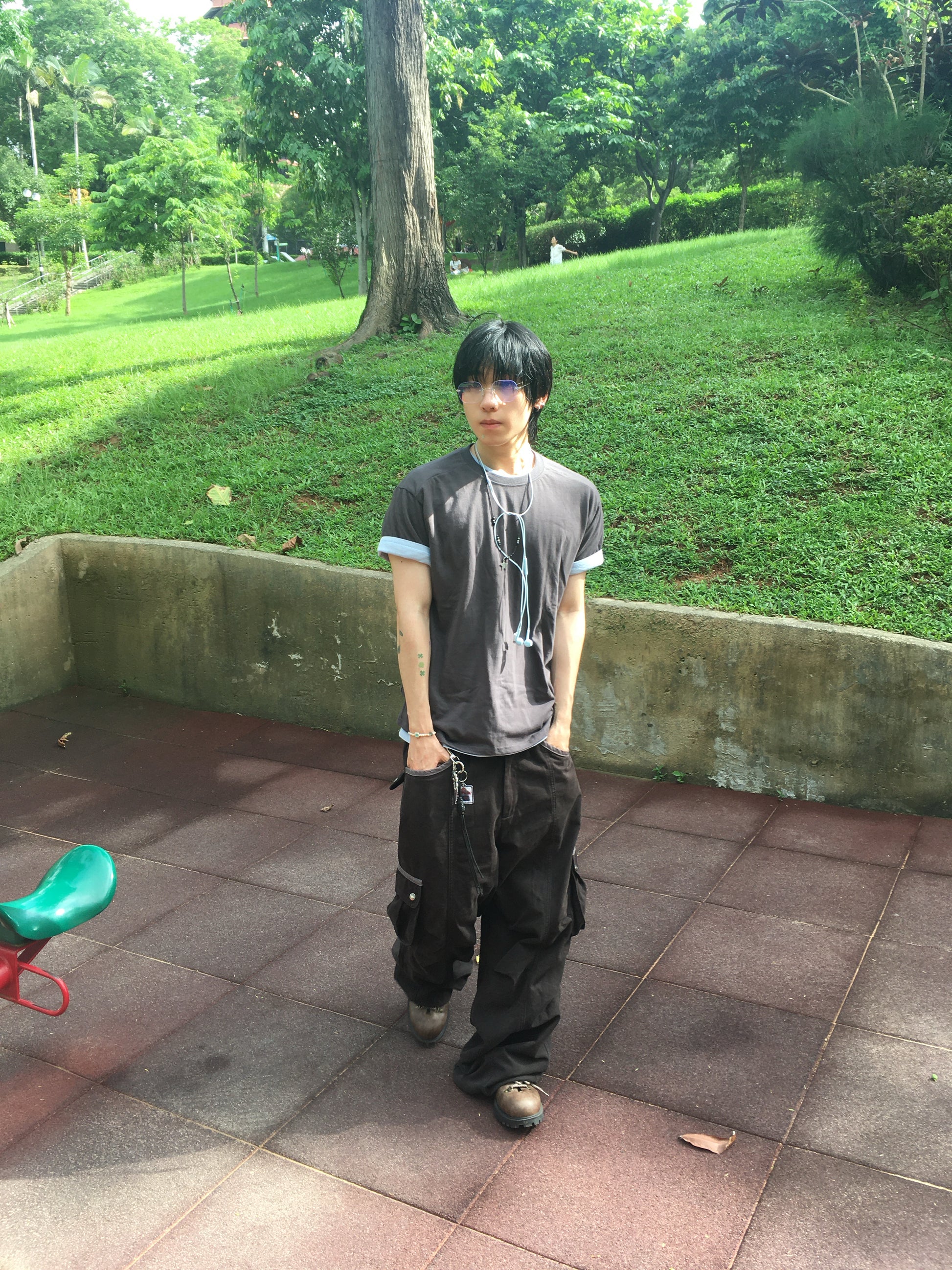 (★1+1) layered crop tee (charcoal+fade blue)