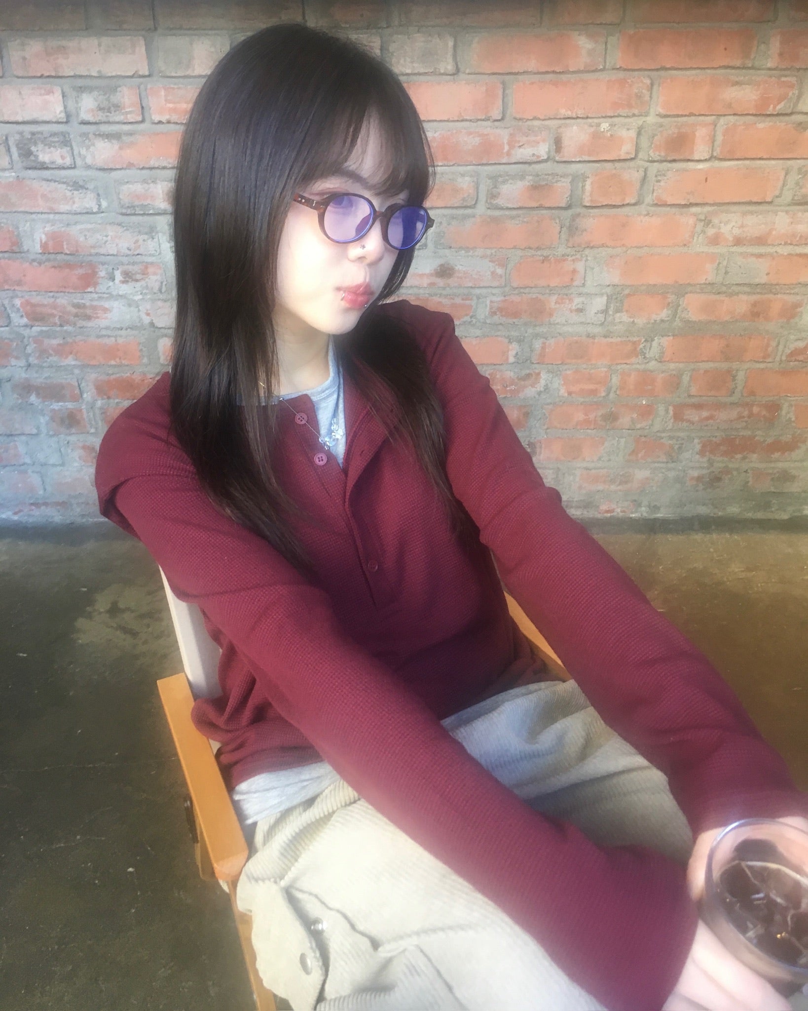 waffle henly neck shirt (wine)