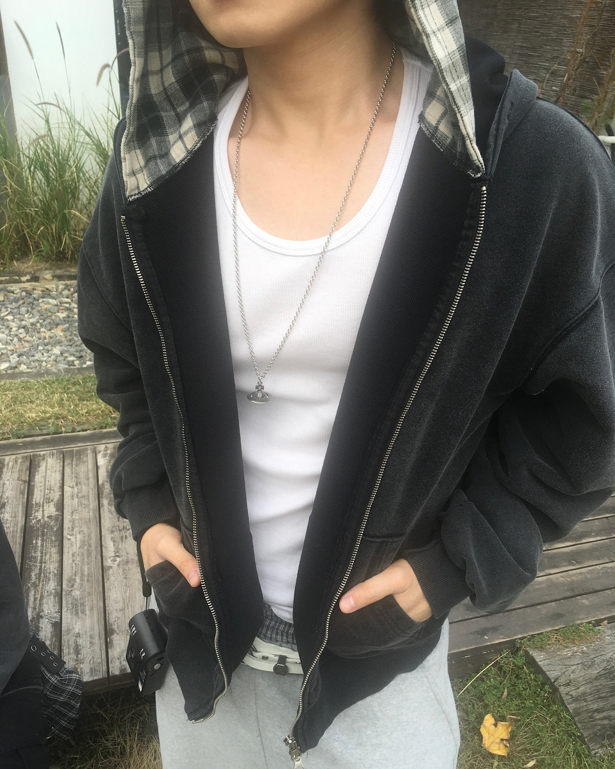 layered check zip-up hoodie