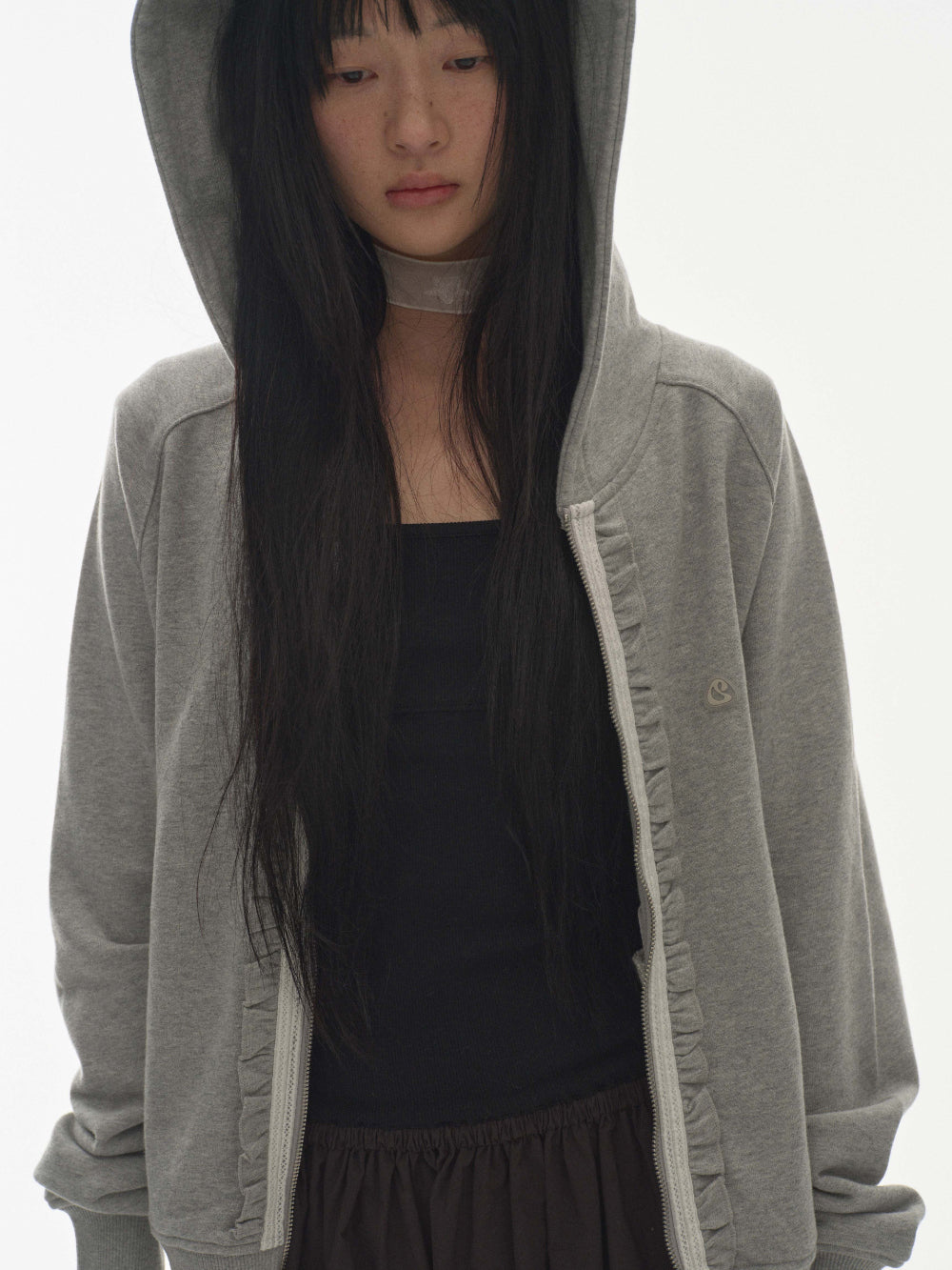 ✪【𝘱𝘳𝘦-𝘰𝘳𝘥𝘦𝘳】coyseio ruffle lace hood zip-up melange (grey)