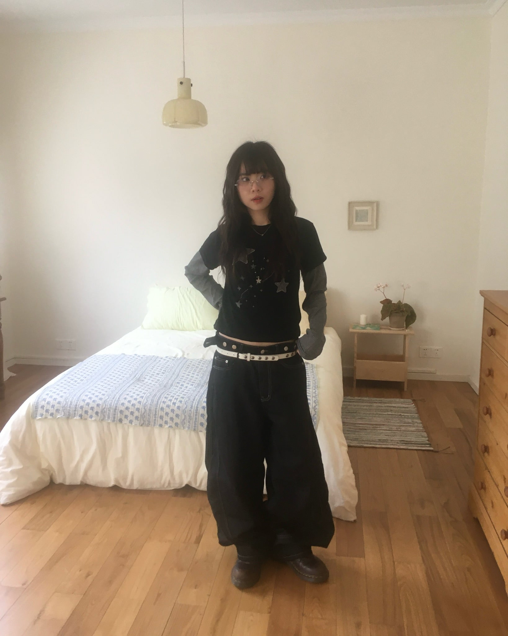 (★BEST) star stripe layered tee (black)