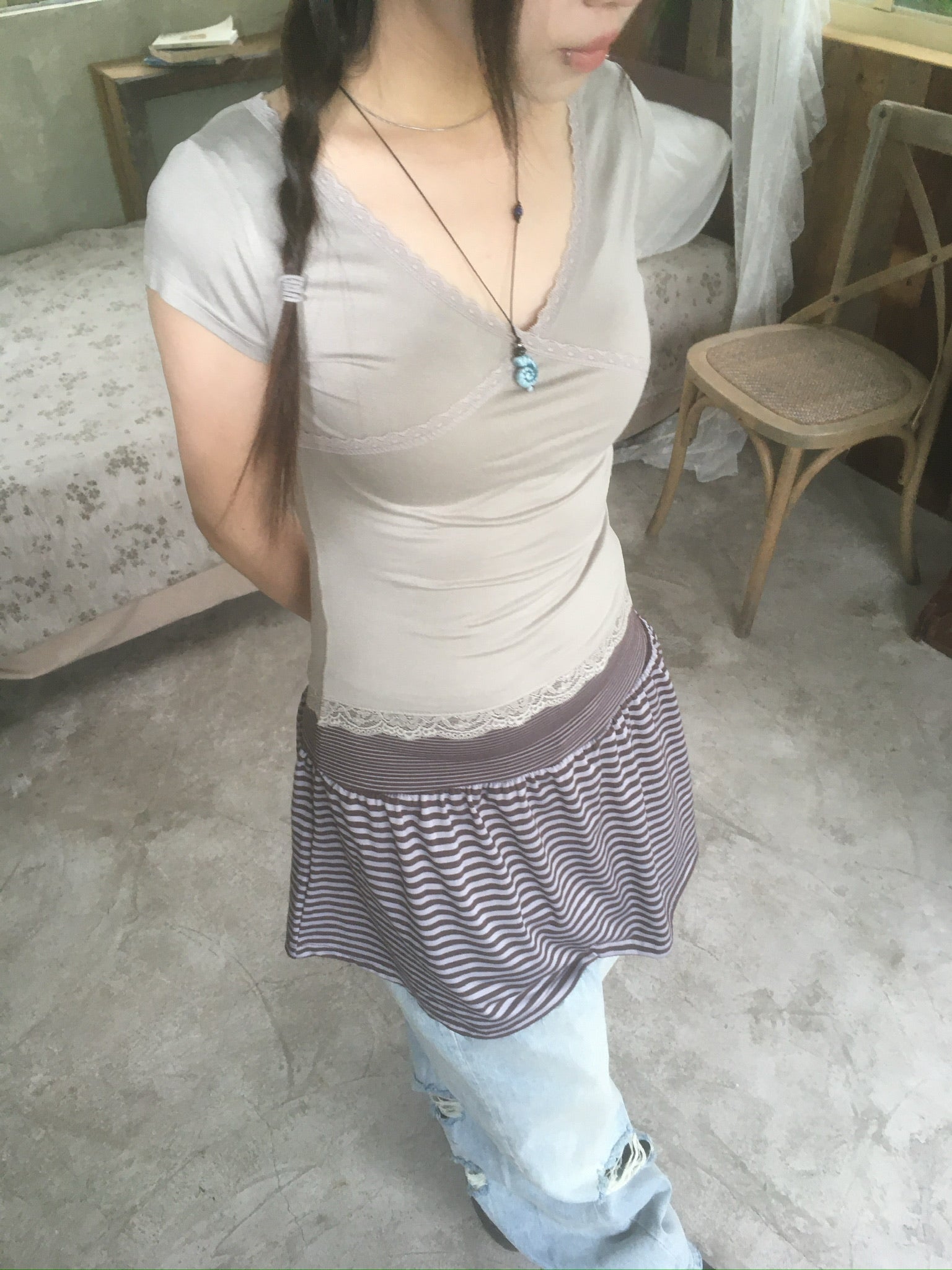 striped cotton skirt (brown)
