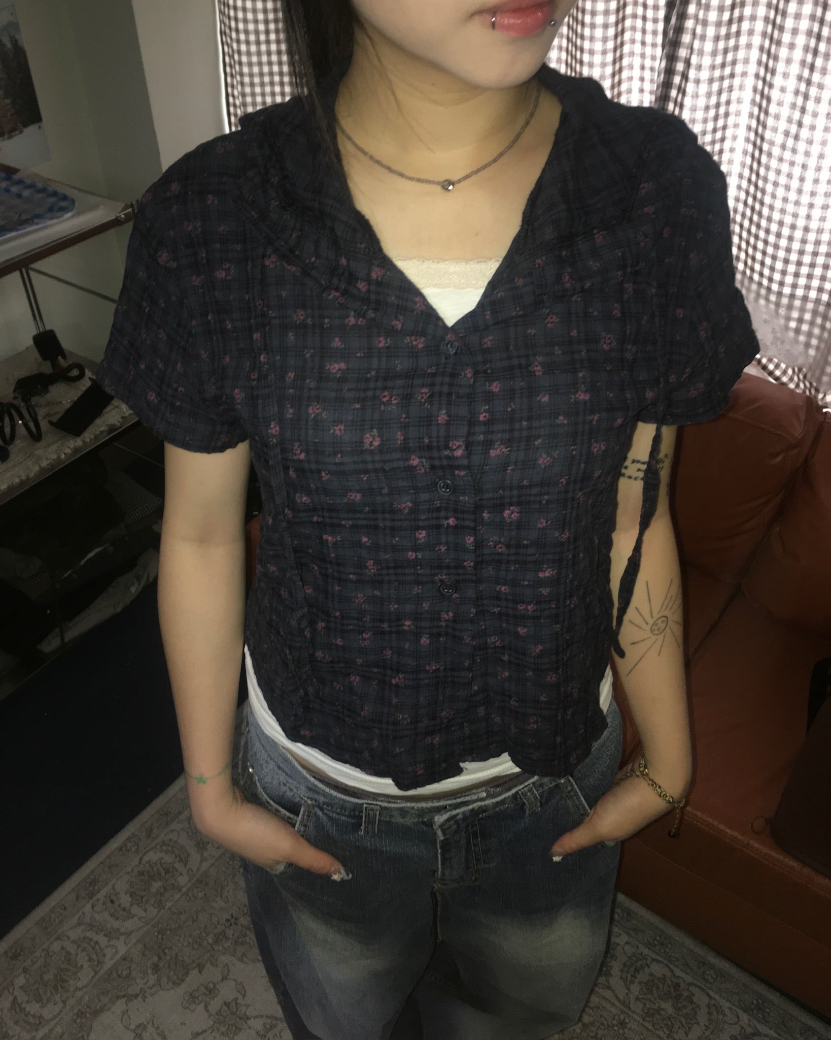 floral checked hood shirt (navy)