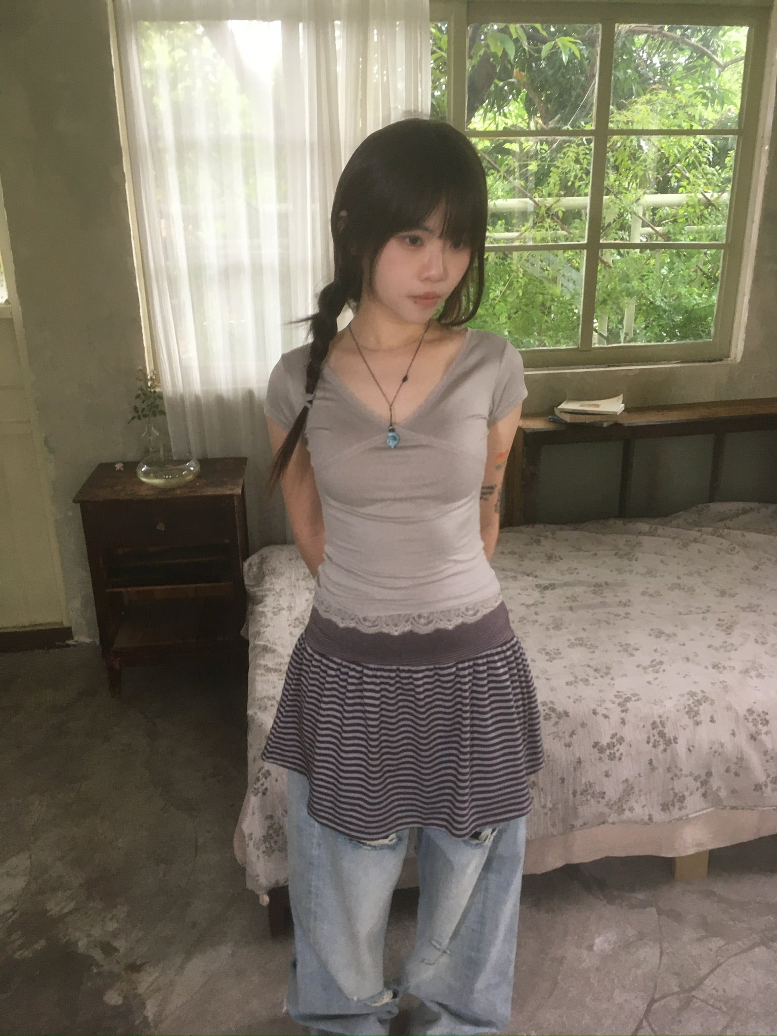 striped cotton skirt (brown)