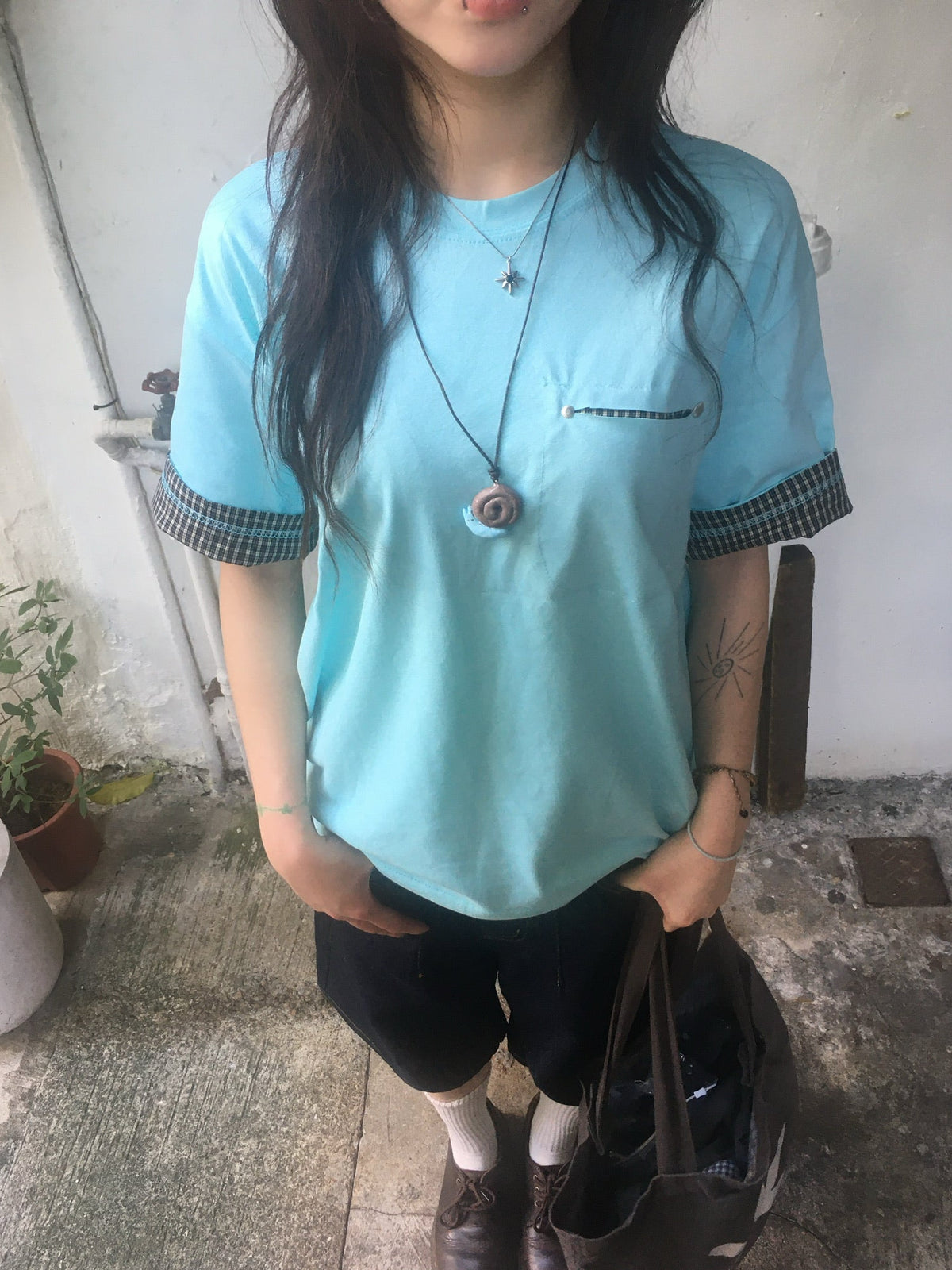 check roll-up pocket tee (mint)