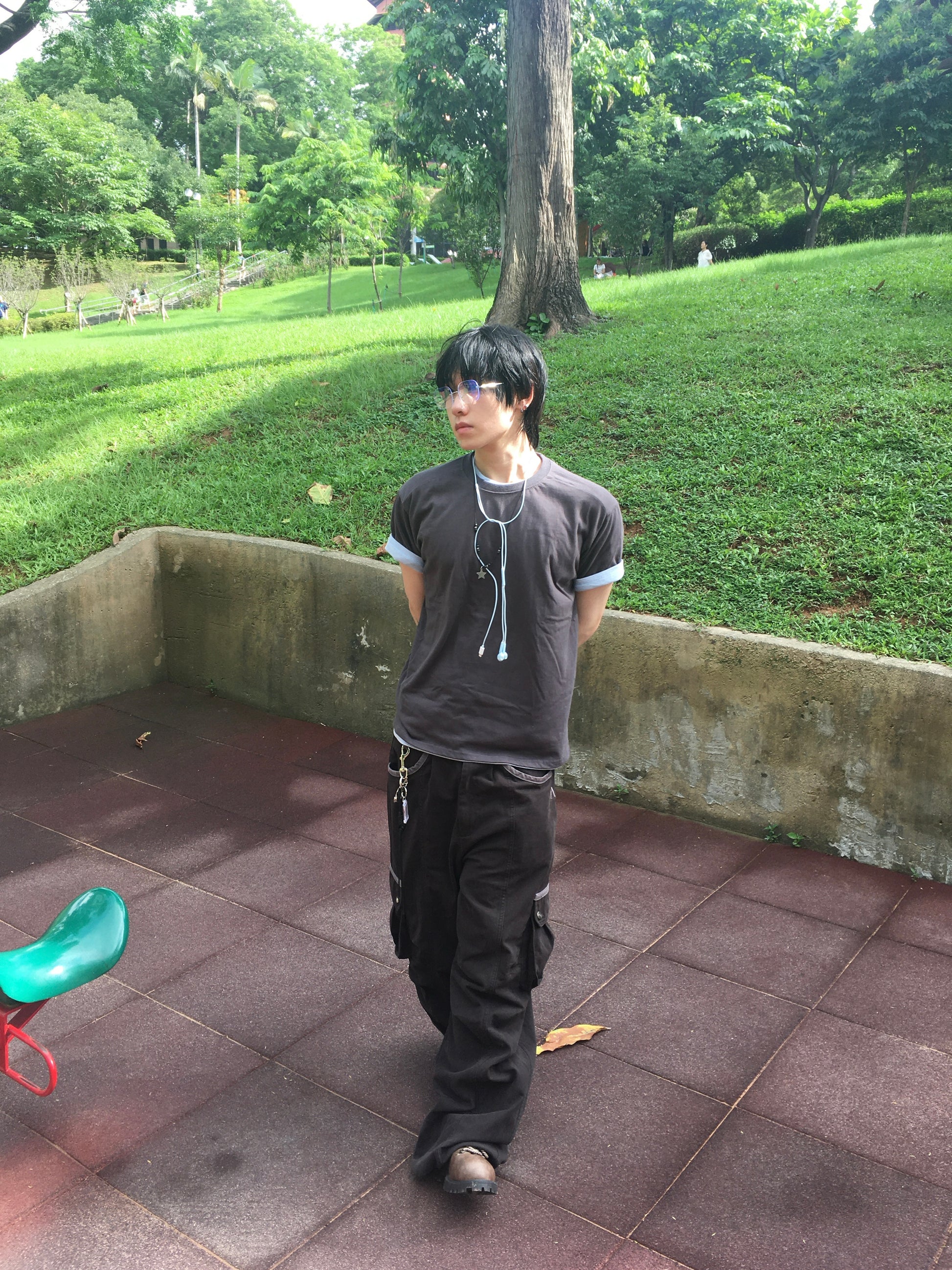 (★1+1) layered crop tee (charcoal+fade blue)