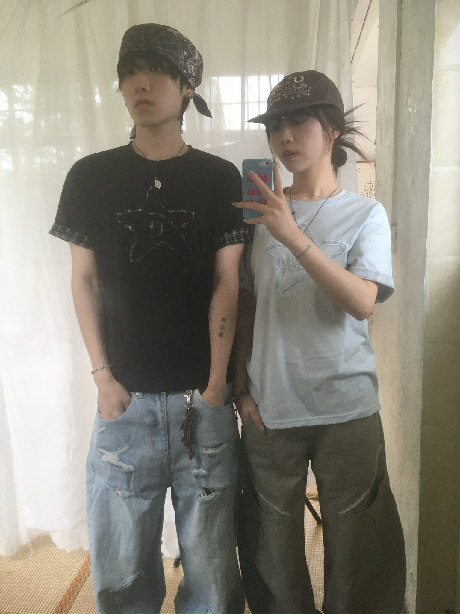 (★BEST) check star roll-up tee (sky blue)
