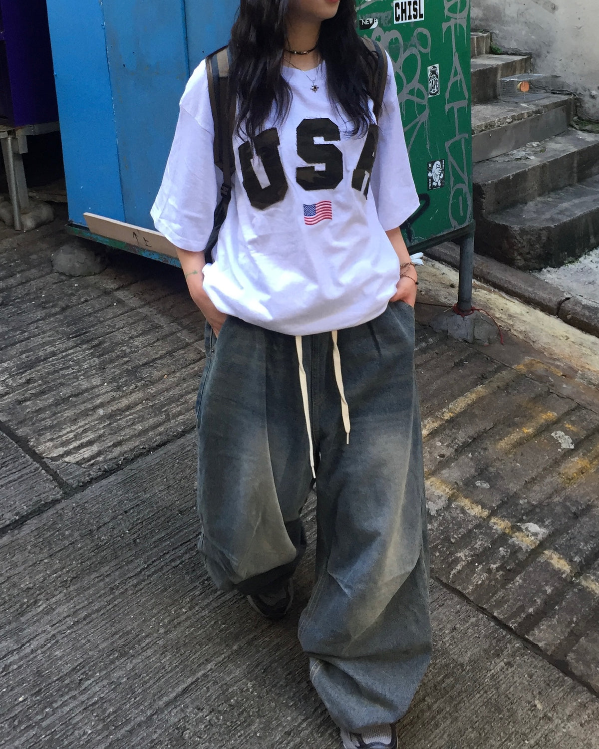 washed string wide jeans (washed blue)