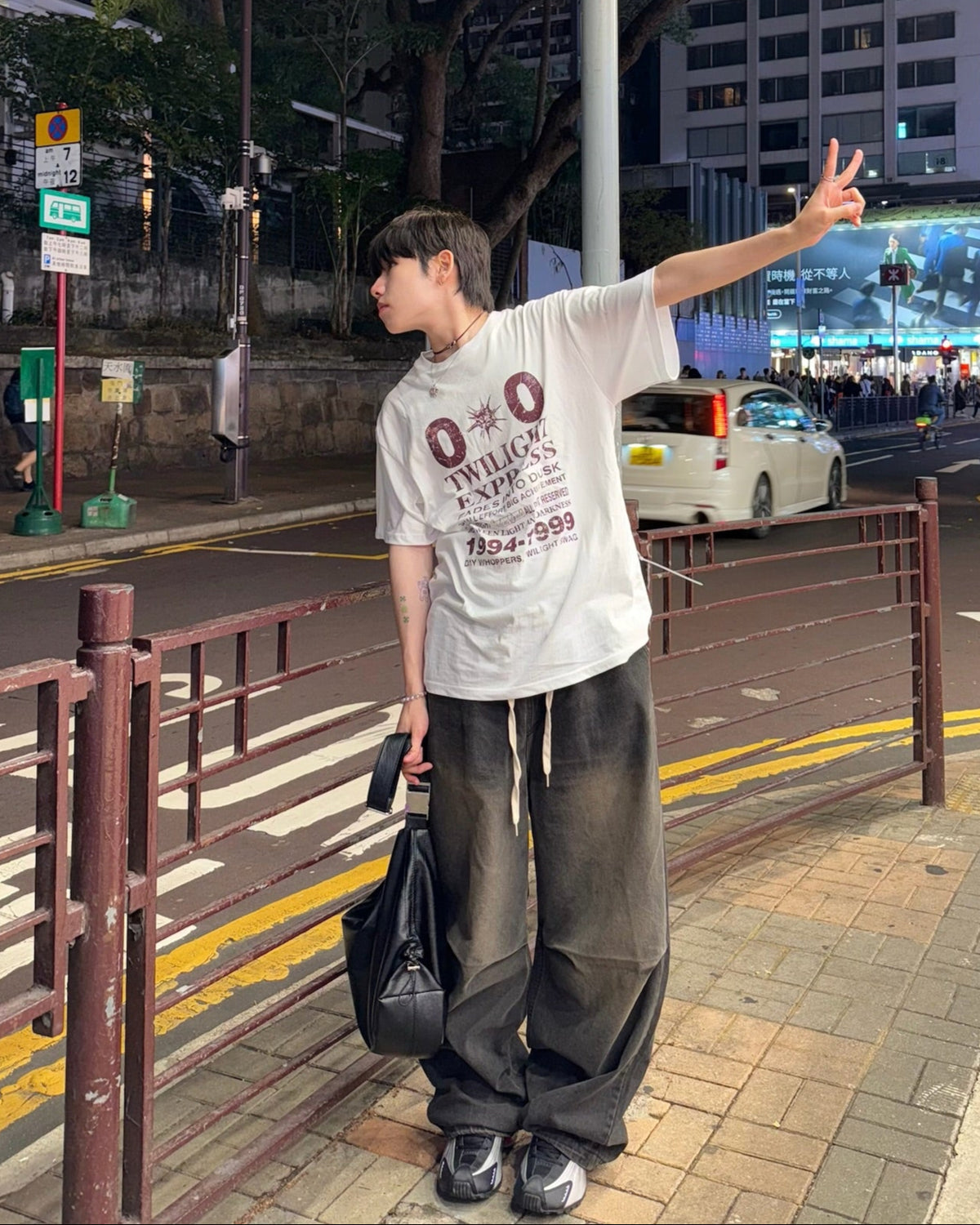 washed string wide jeans (black)