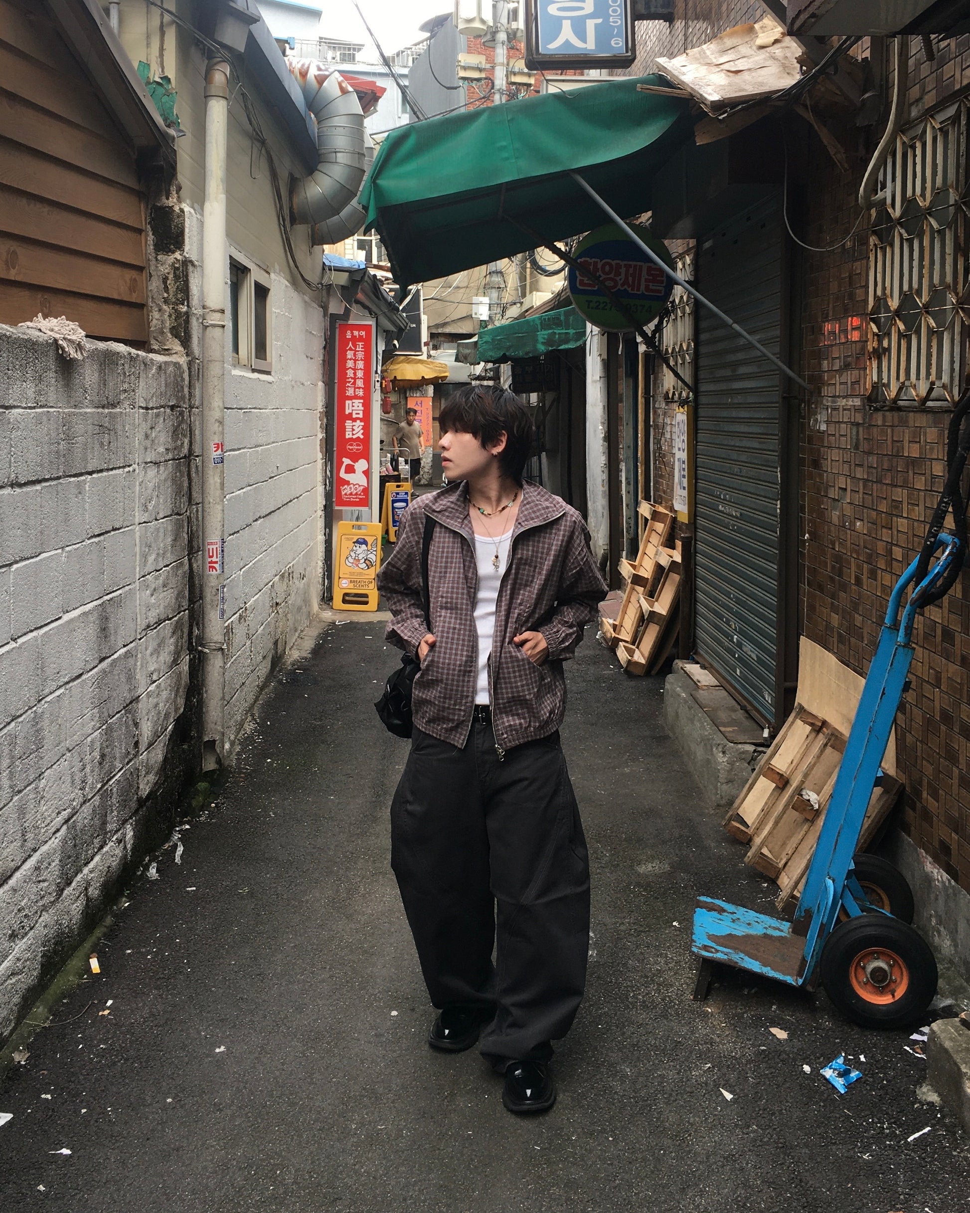 checked zipper jacket (sky/brown)