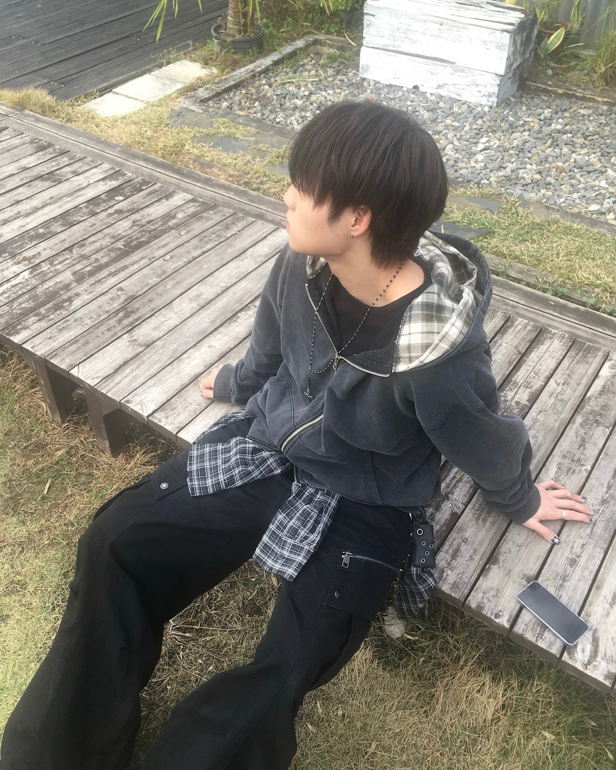 layered check zip-up hoodie
