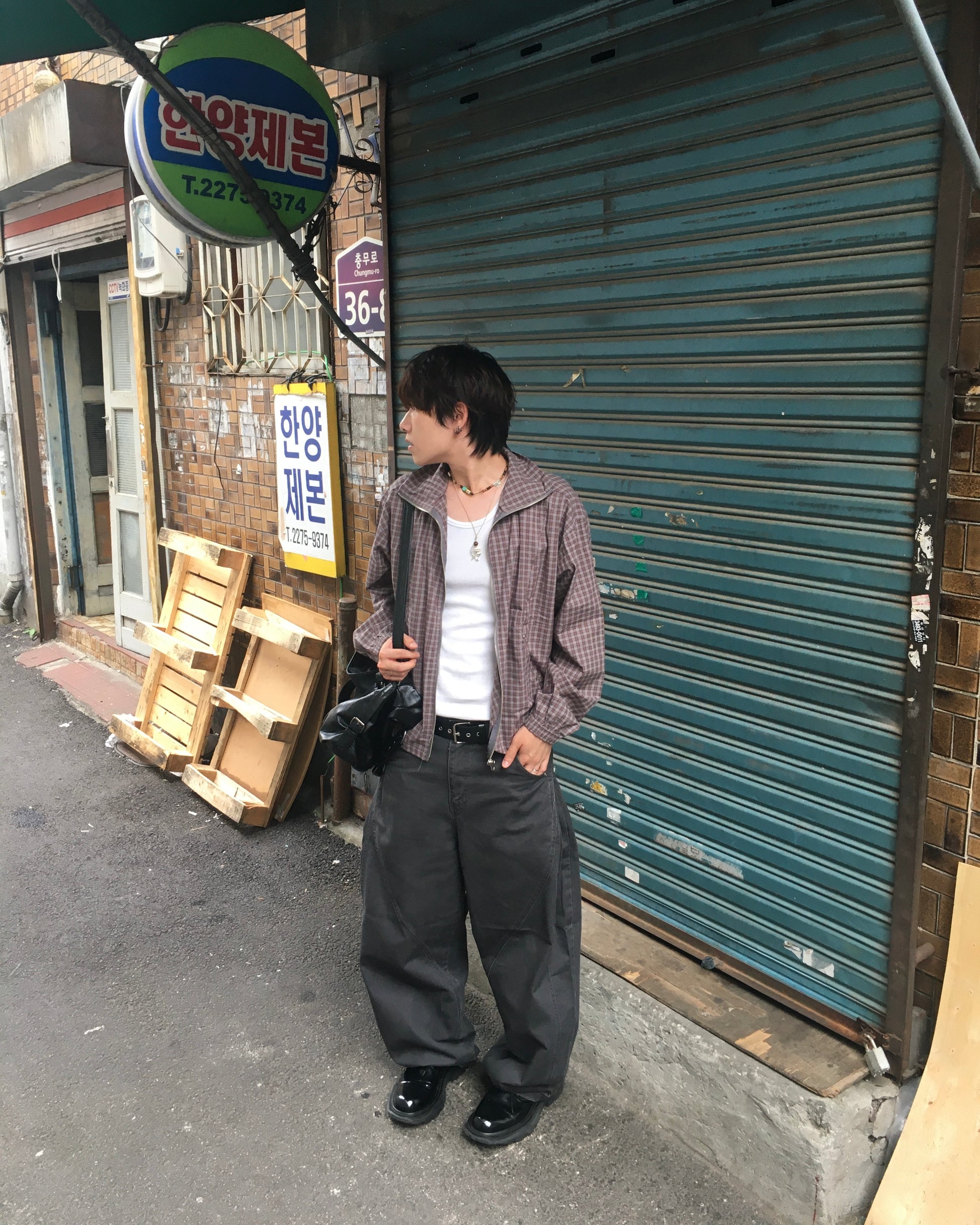 checked zipper jacket (sky/brown)
