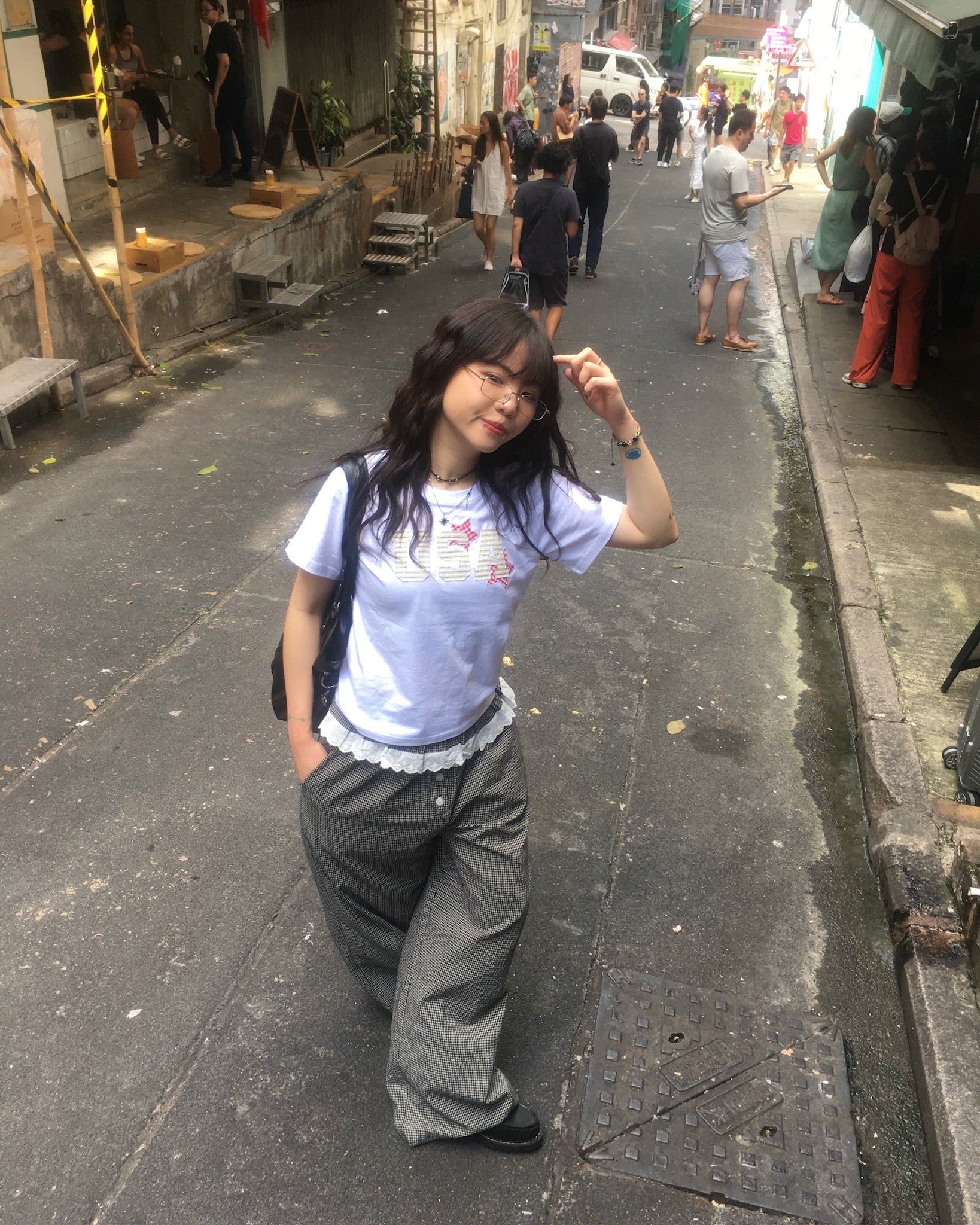 (in stock) lace checked belt pants