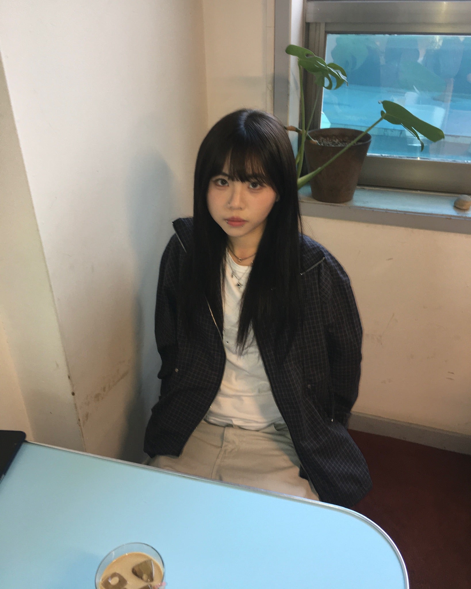 checked zipper jacket (black/navy)