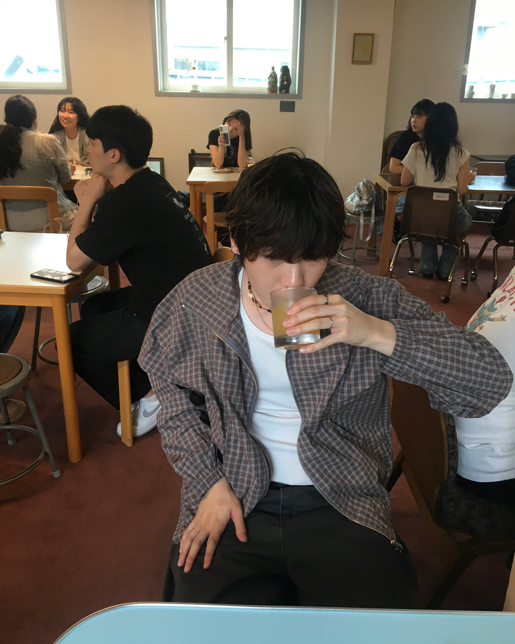 checked zipper jacket (sky/brown)