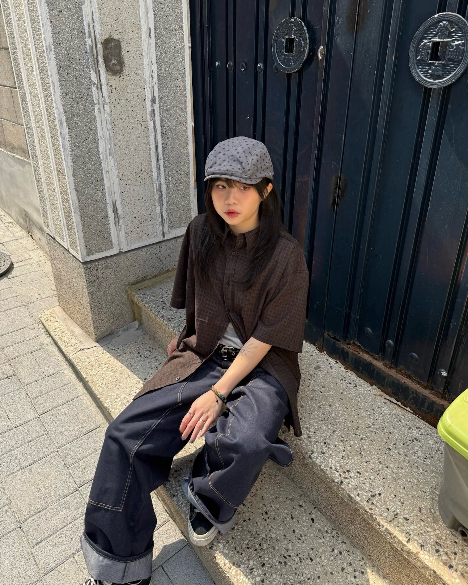 checked nylon shirt (black brown)