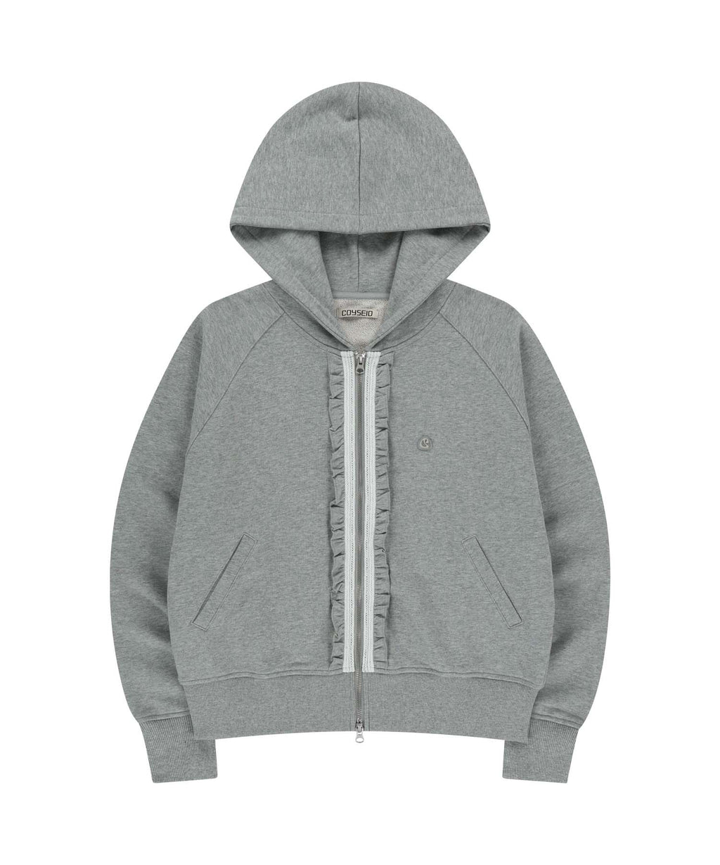 ✪【𝘱𝘳𝘦-𝘰𝘳𝘥𝘦𝘳】coyseio ruffle lace hood zip-up melange (grey)