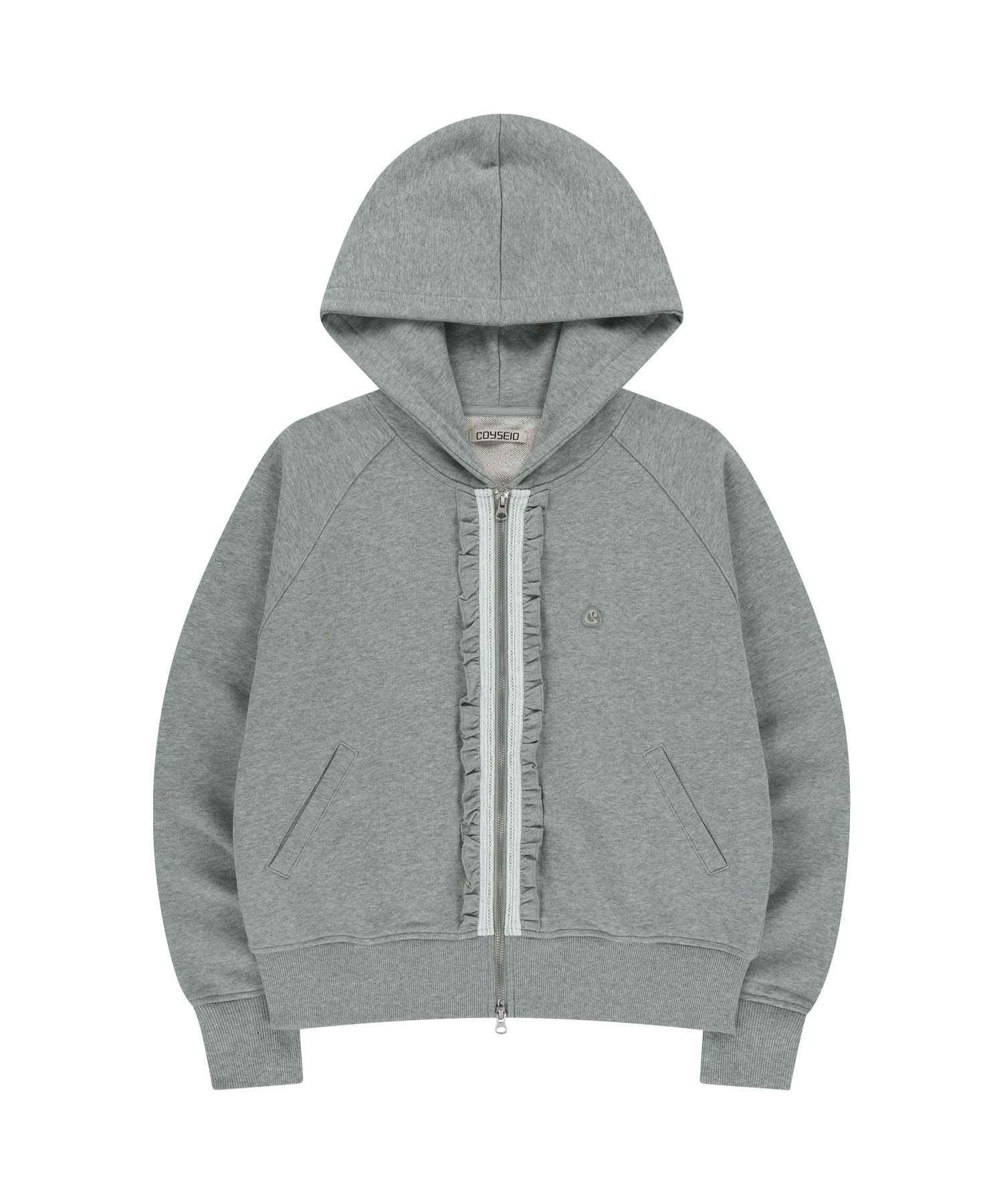 ✪【𝘱𝘳𝘦-𝘰𝘳𝘥𝘦𝘳】coyseio ruffle lace hood zip-up melange (grey)